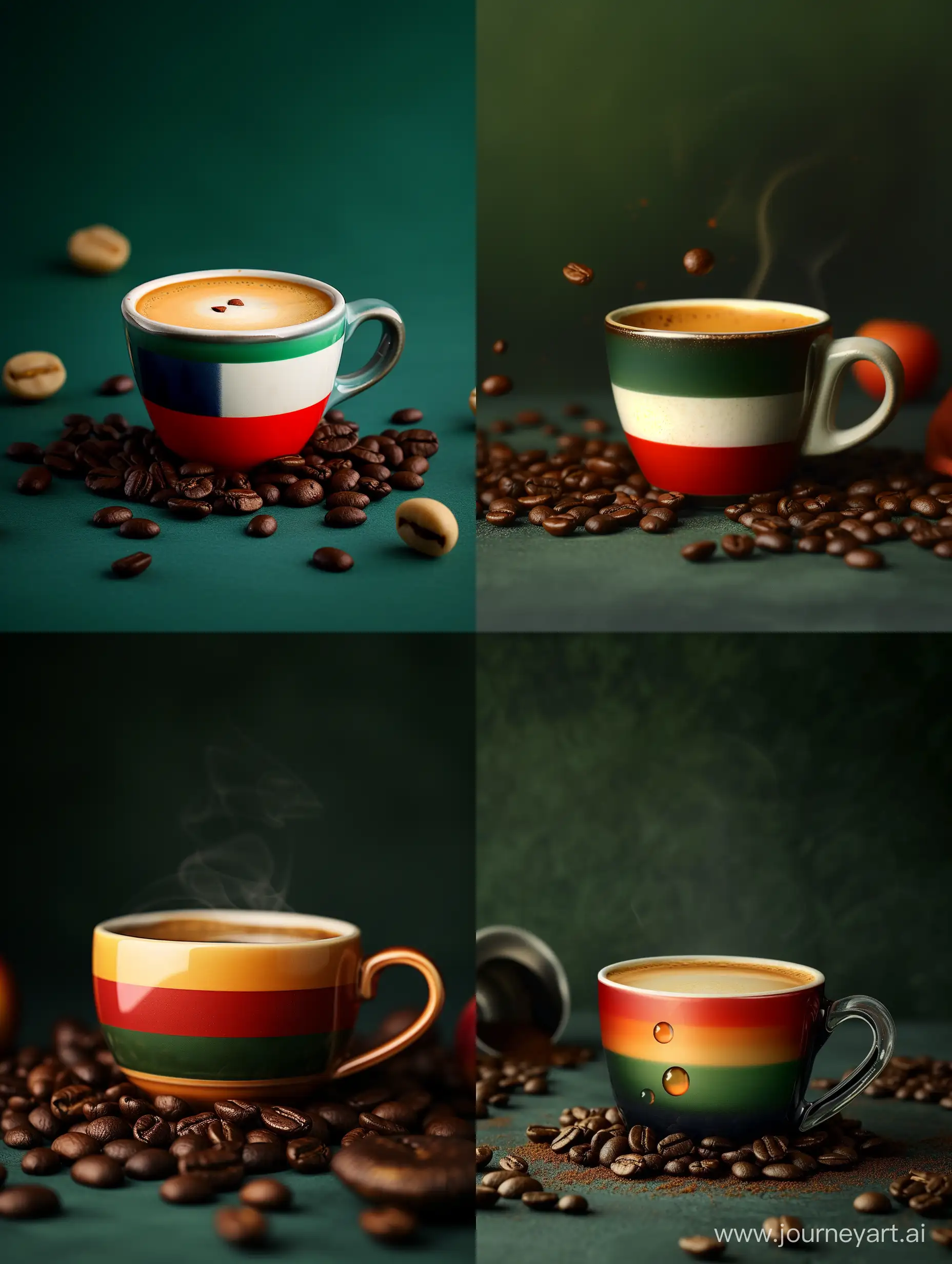Aromatic-Italian-Flag-Coffee-Cup-with-Beans-on-Dark-Green-Background