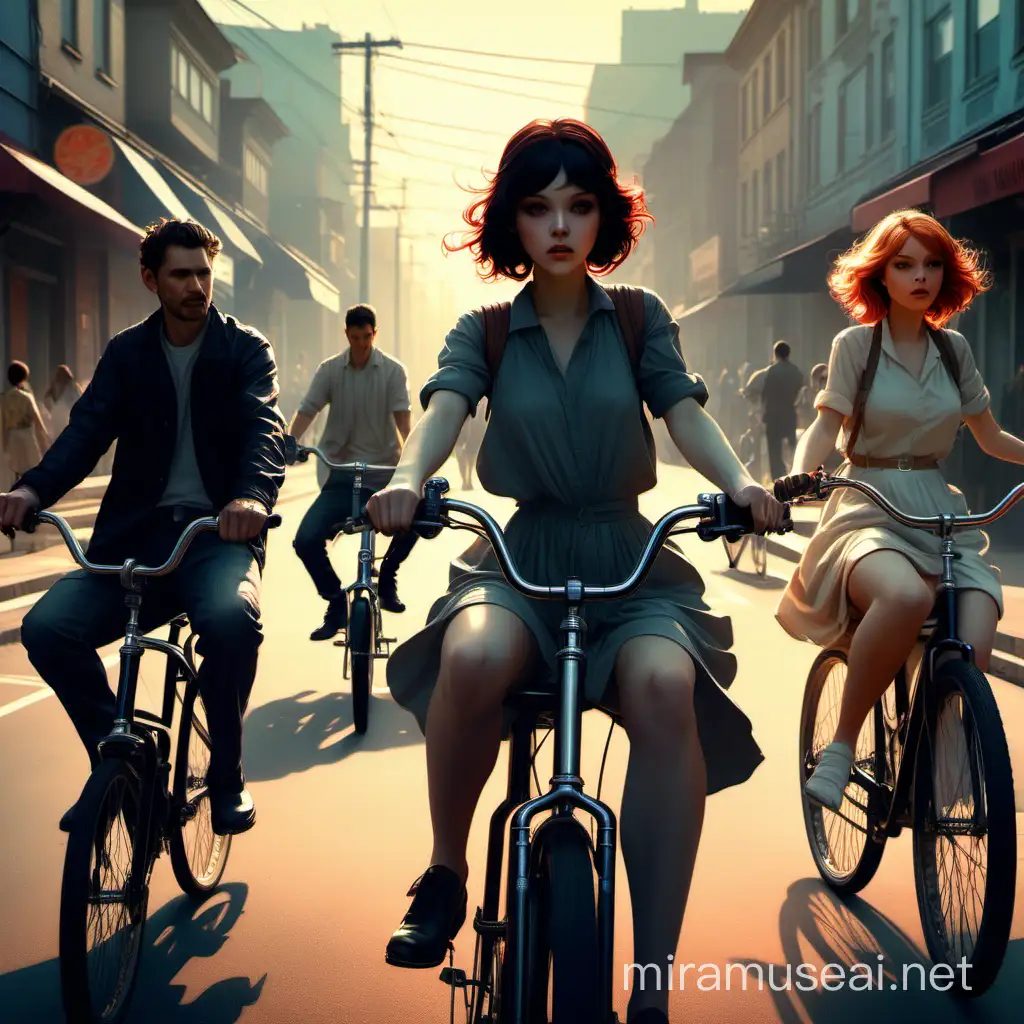 Large Family Enjoying Scenic Bike Ride in Vibrant Realism