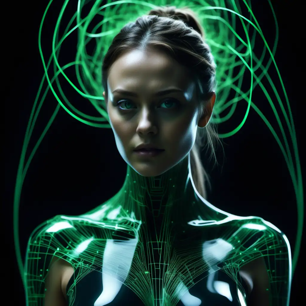 A mindblowing realistic
uhd 8k westworld style, detailed photography, dramatic lighting, black sharp background.
A stunning looking 23 year old woman, clean face, drawing a virtual 3 dimensional green matrix thin nerve network spin up in sloped curves, forming a vast amount of complex loops, ascending through various levels, thus being entangled with each other in a surreal way.