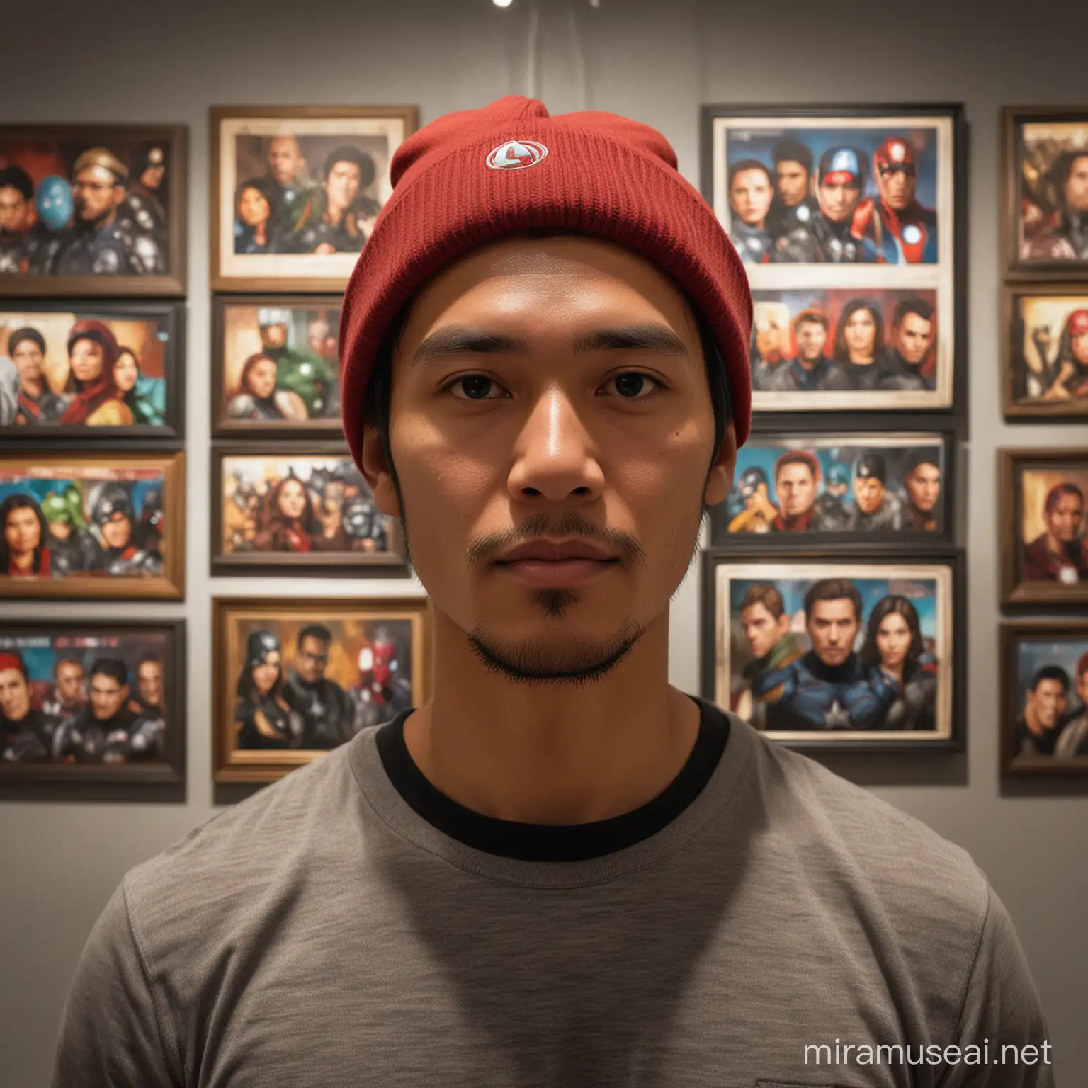Contemplative Indonesian Man in Marvel TShirt at Art Gallery