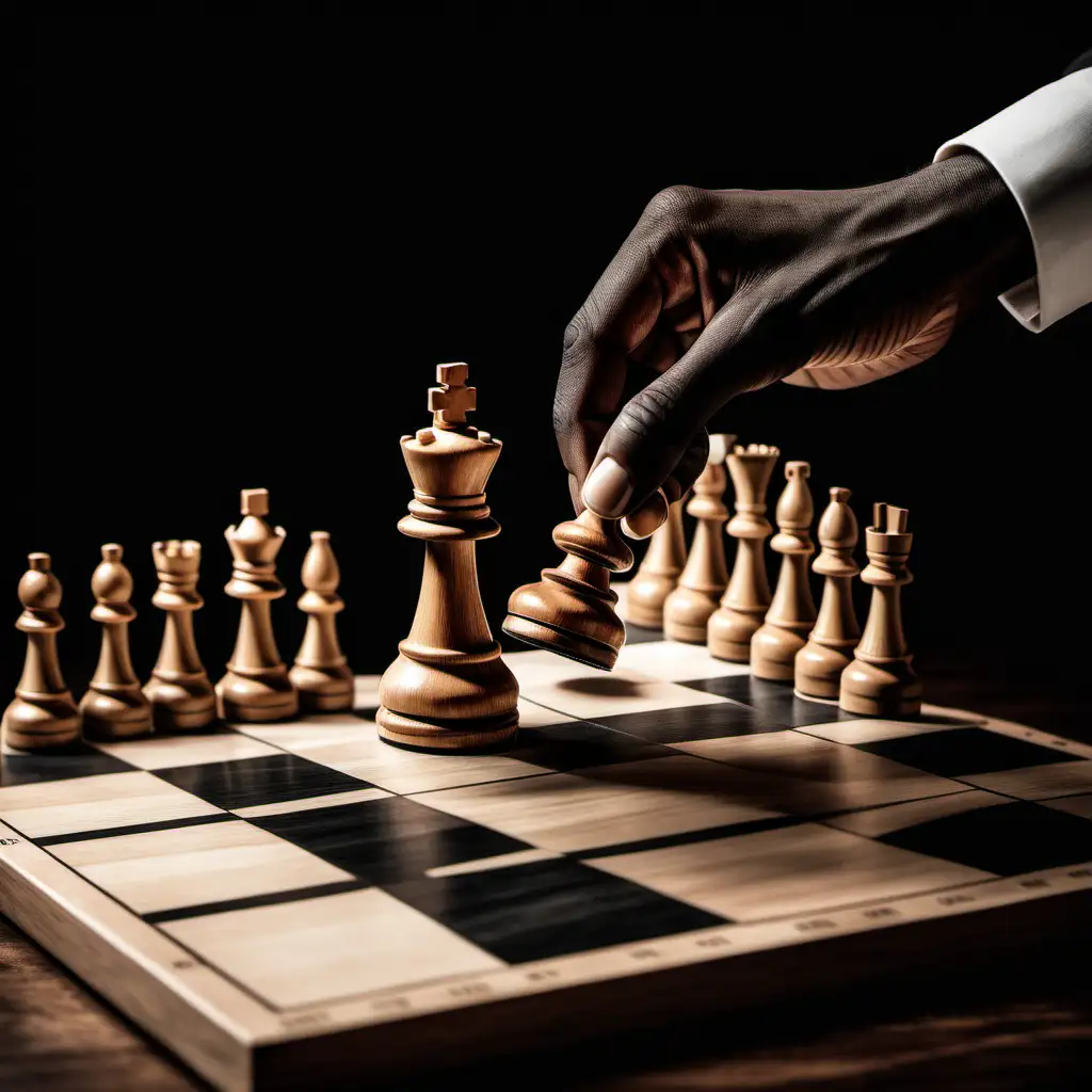 A chessboard with a hand moving a piece, symbolizing strategic thinking and planning steps ahead.