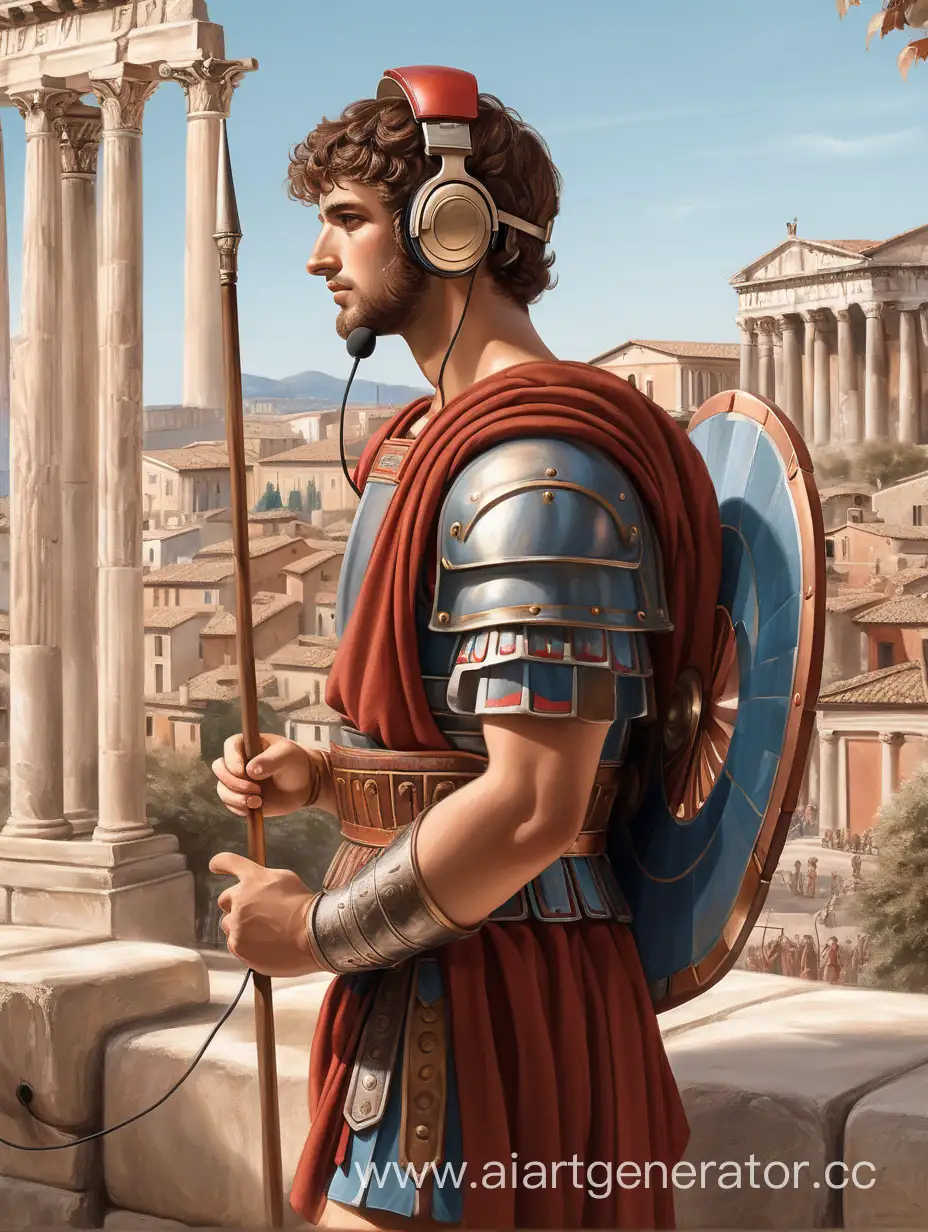 Young Roman soldier listening to music through Roman style wireless headphones, wiry build tall height, no wires no microphones, with light brown short beard and brown hair, with a kind look, lofi aesthetics, wearing Roman armor, ancient Roman city in background, precise line work, warm colors, roman red and blue, full body, medium view , natural pose