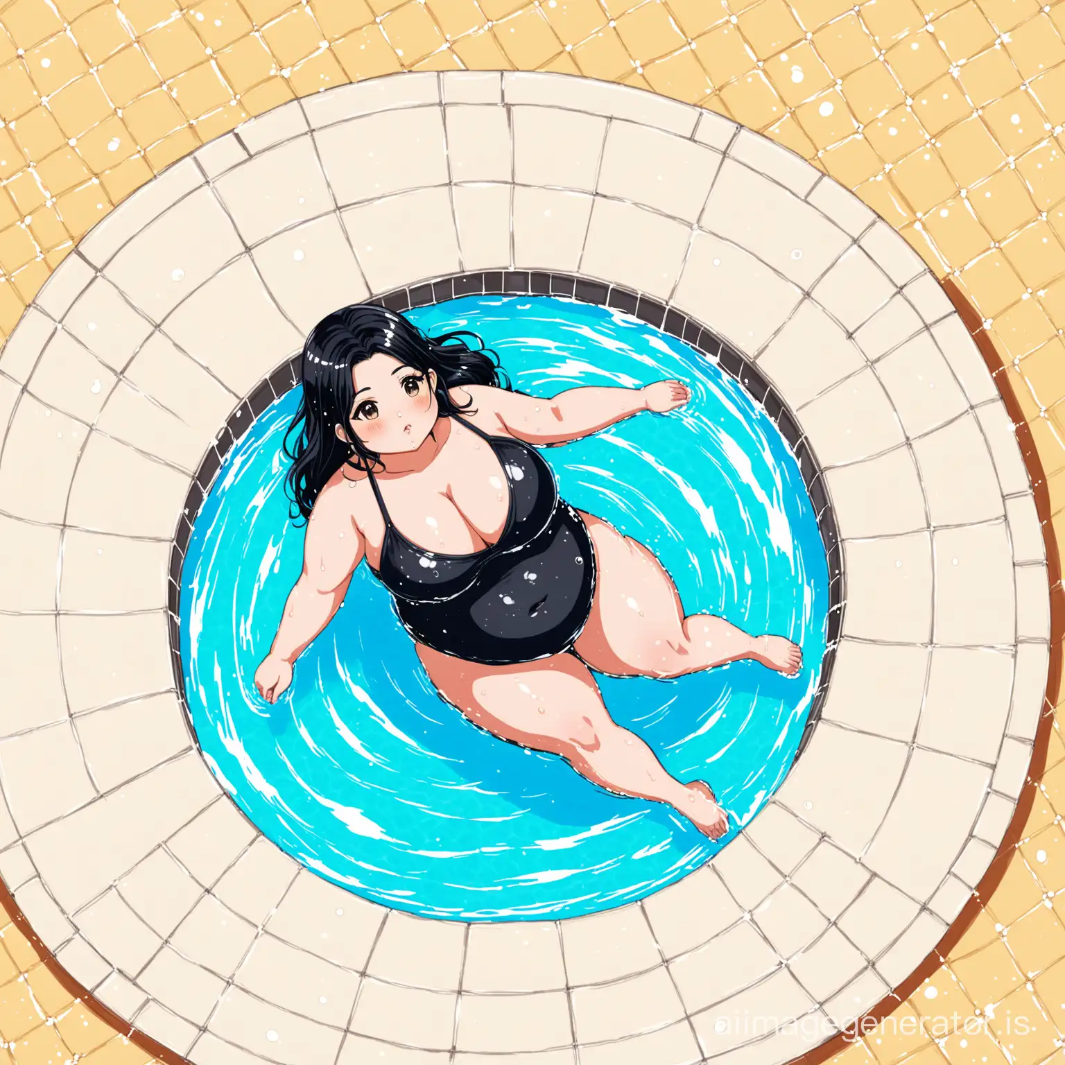 chubby Bengali woman, wet black hair, josei anime style, swim, cleavage, water colour, swimming pool, full body, top view
