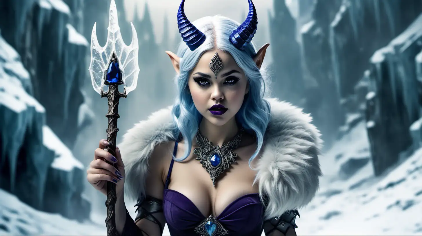 Beautiful voluptuous elf queen, snow white skin, pointy elf ears, long light blue windblown hair, dark purple lipstick, small icicle horns, sapphire necklace, low-cut fur-lined clothes with bone details, fishnet stockings, looks like selena gomez, age 30 years, fantasy style, holding an icicle spear, leading an army of draugr warriors, white dire wolf, ice palace background, birds-eye view, zoomed out, full body view, photography