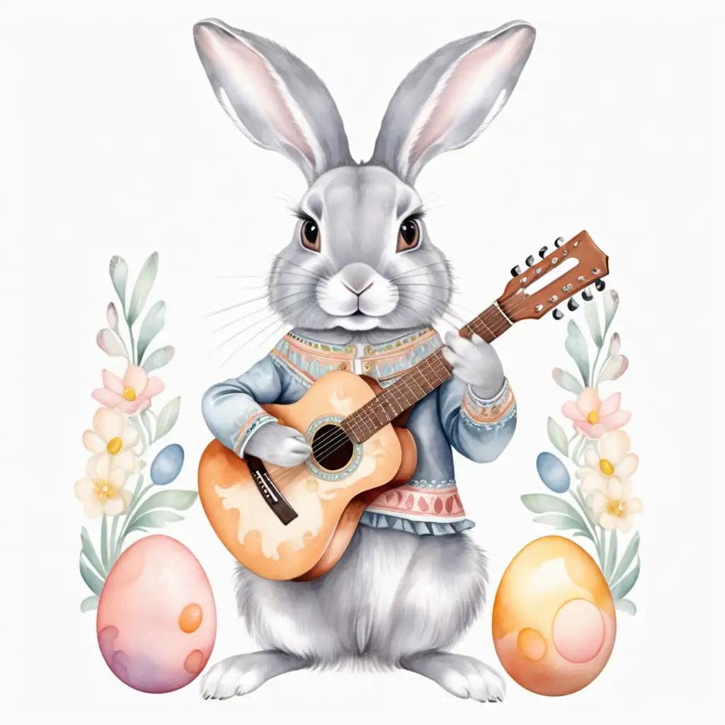 cute nice face grey rabbit with long ears dress like a mariachi in pastels colors with eggs in watercolor tecnic guitar