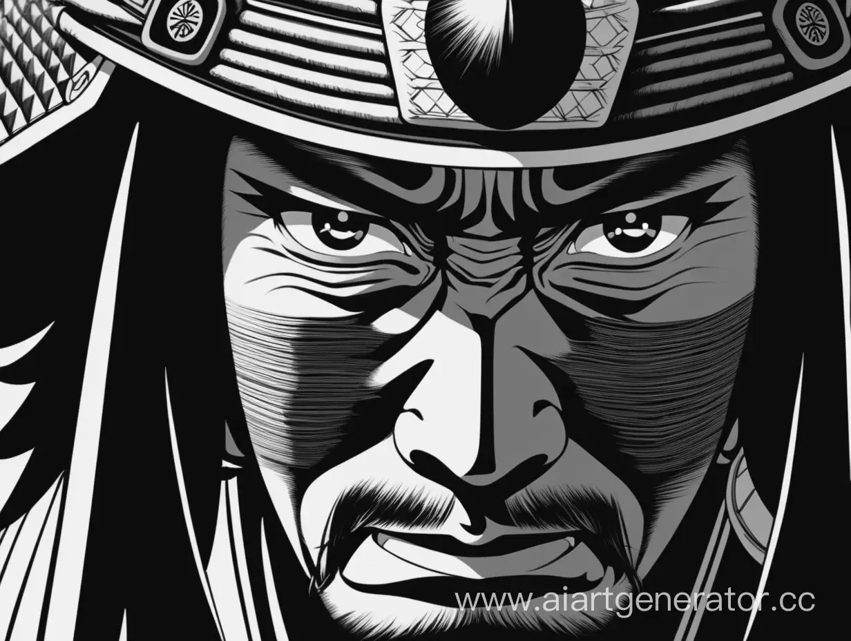 Black and white eyes of a Japanese samurai with Metsuki sutemi close-up