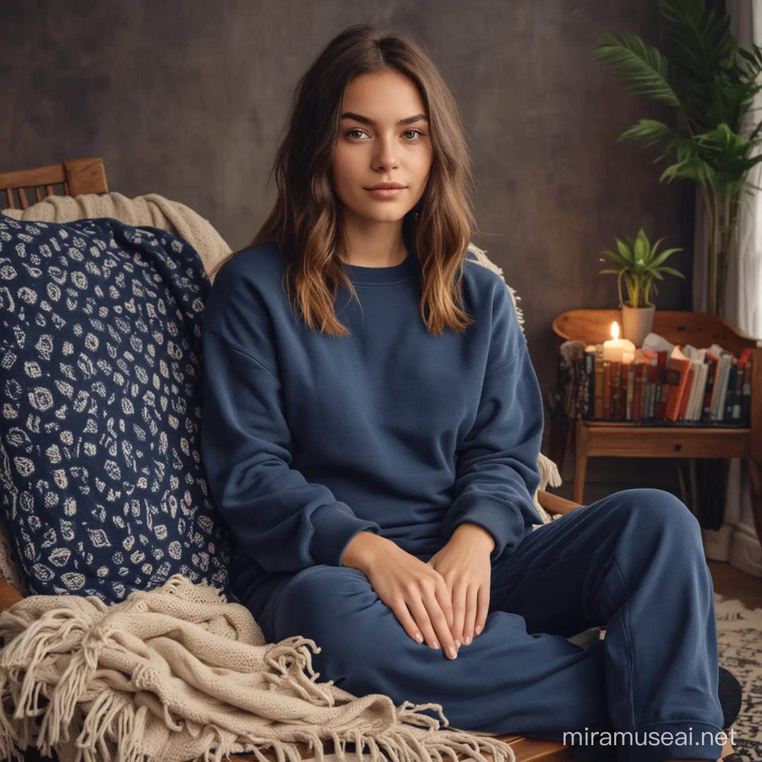 young women, wearing a Navy color crewneck sweatshirt, boho background, sitting down on a chair, facing the camera, with pillows and blanket,  