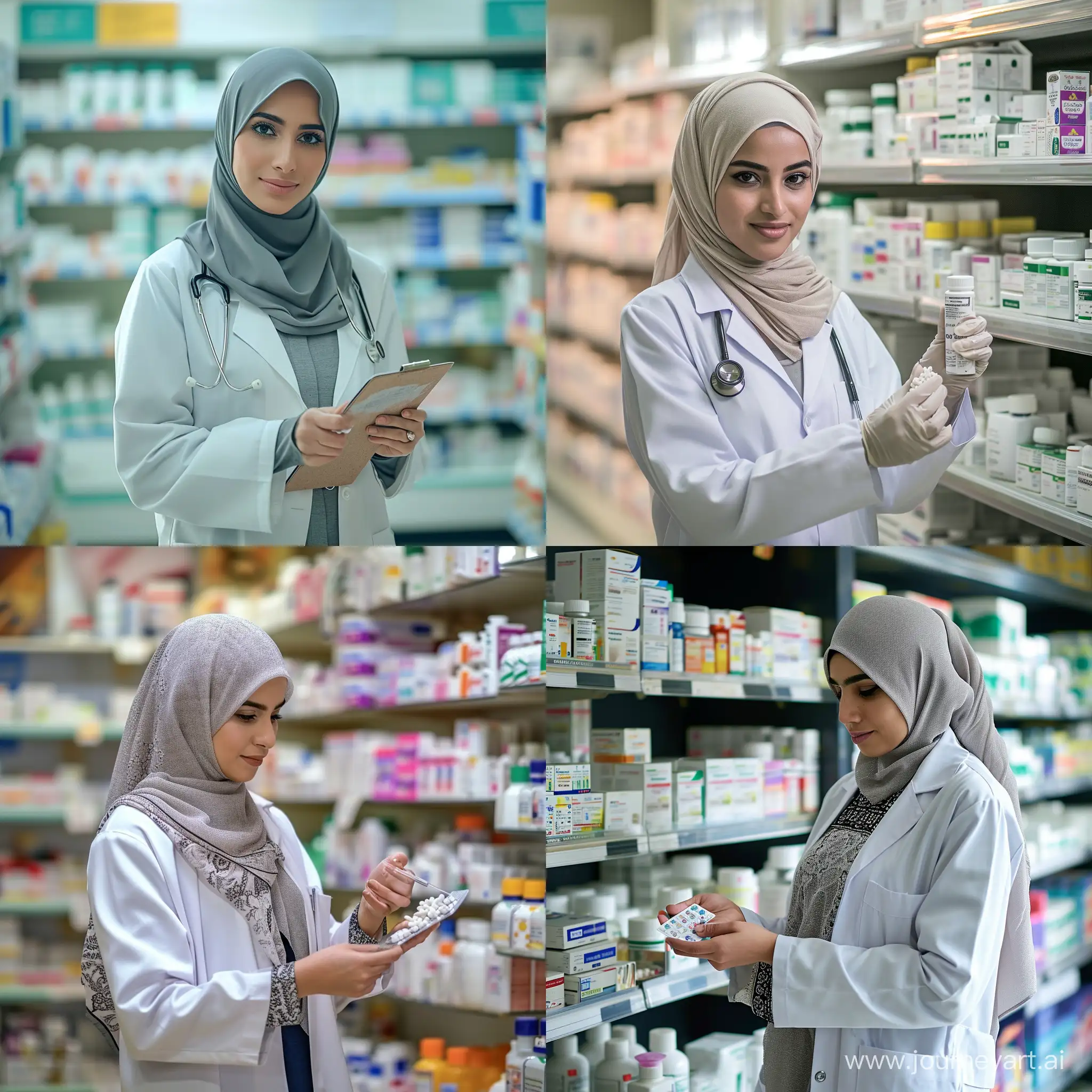 A beautiful and veiled female doctor introducing medicine in the pharmacy
From the front view
Full length
