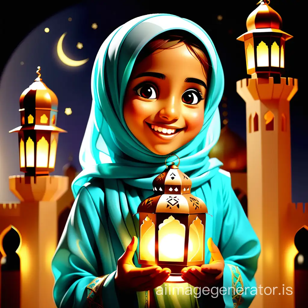 Happy Muslim Girl Holding Ramadan Lantern