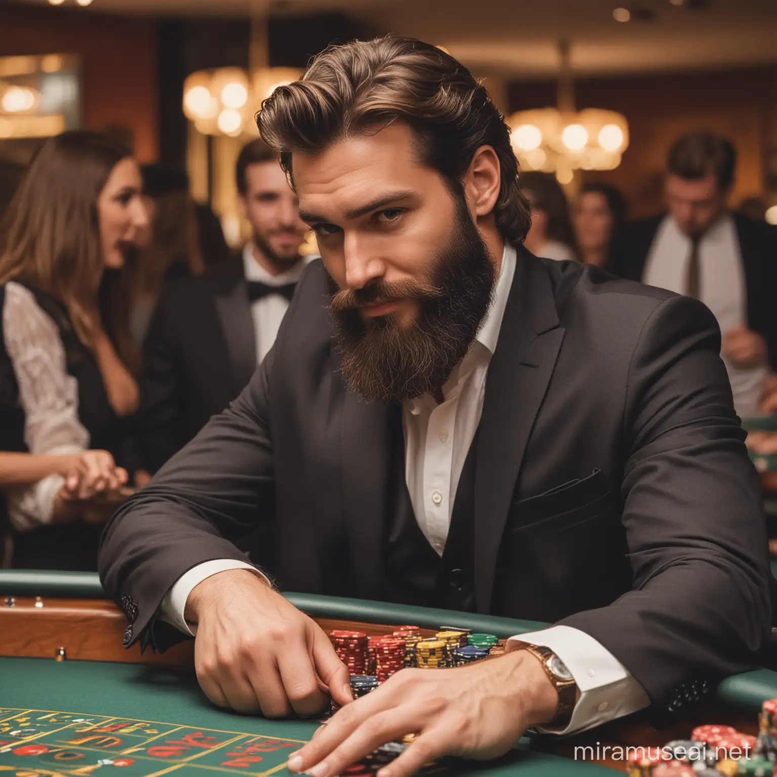 Handsome Bearded Man Playing Roulette in a Luxurious Casino