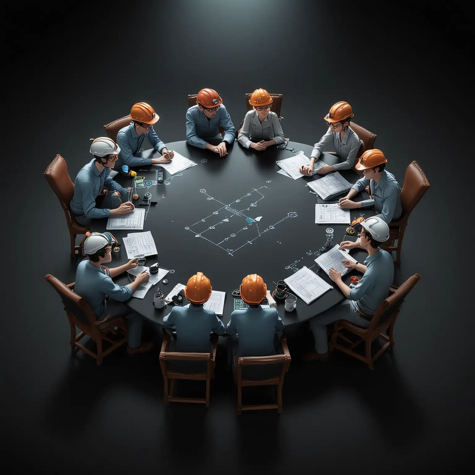 create an image of a group of engineers sitting around a table taking decisions and planning investments to maximise ROI. pixar style, black background
