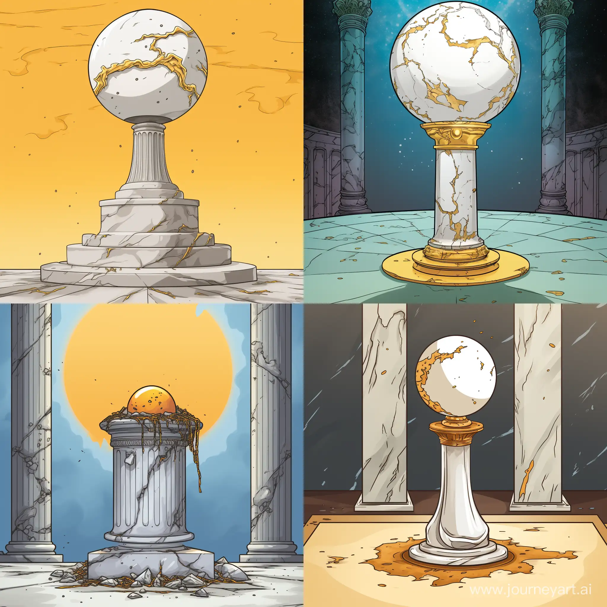 a white marble pillar with a slightly hovering gold globe ontop in a sinister comic style
