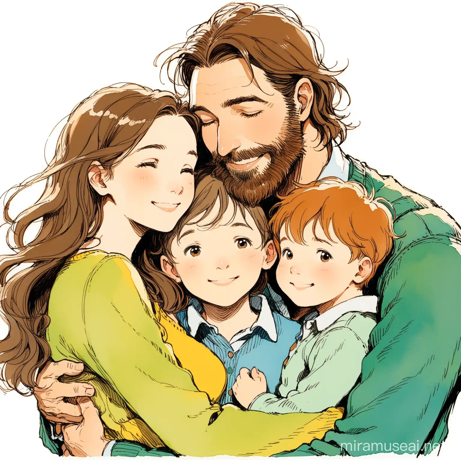 beautiful woman with long brown wavy hair, handsome man with short brown beard and three little boys tenderly embraced, smiling barely noticeable, Quentin Blake illustration 