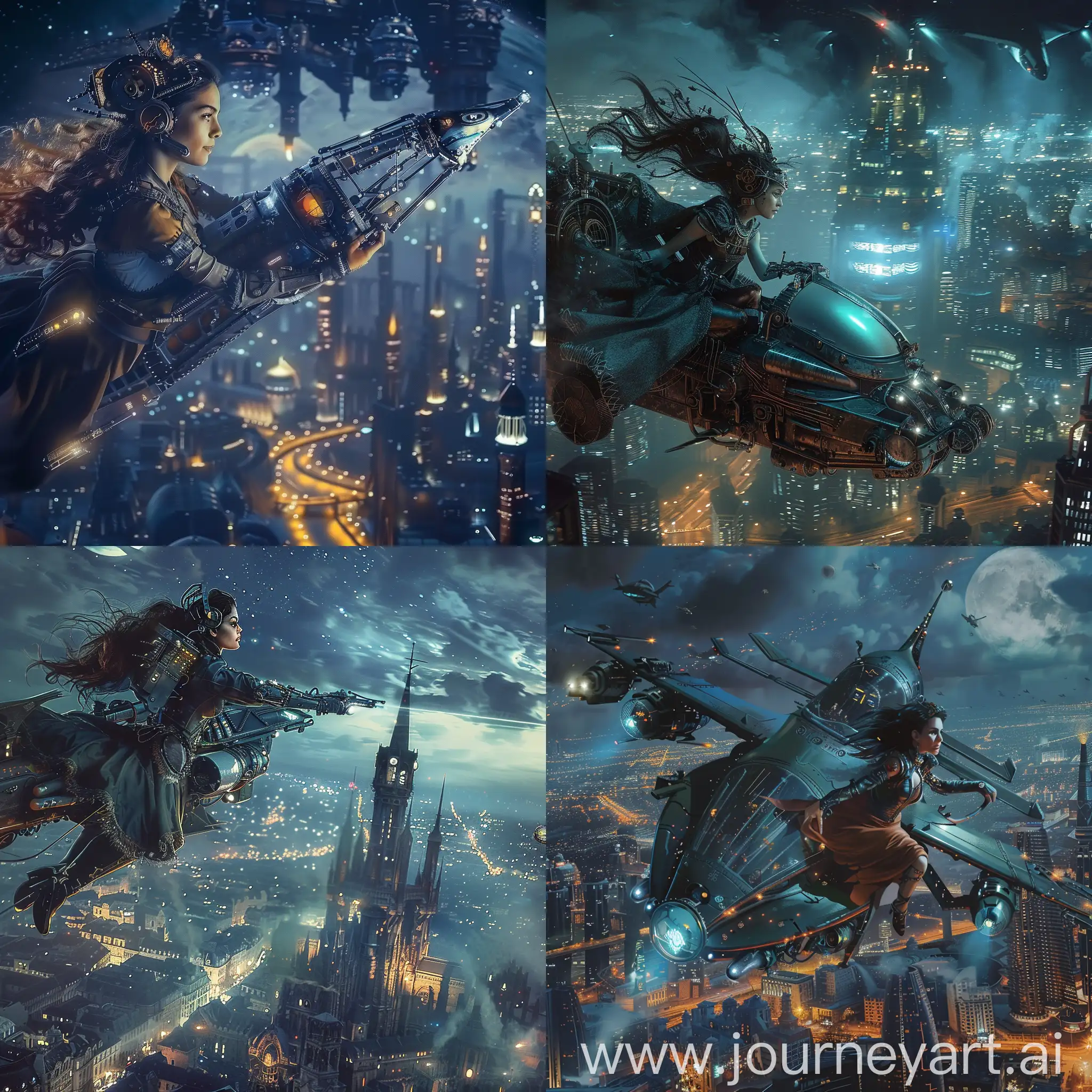 A beautiful medieval steampunk cyborg woman flying a space ship over a futuristic sci fi city at nighttime 