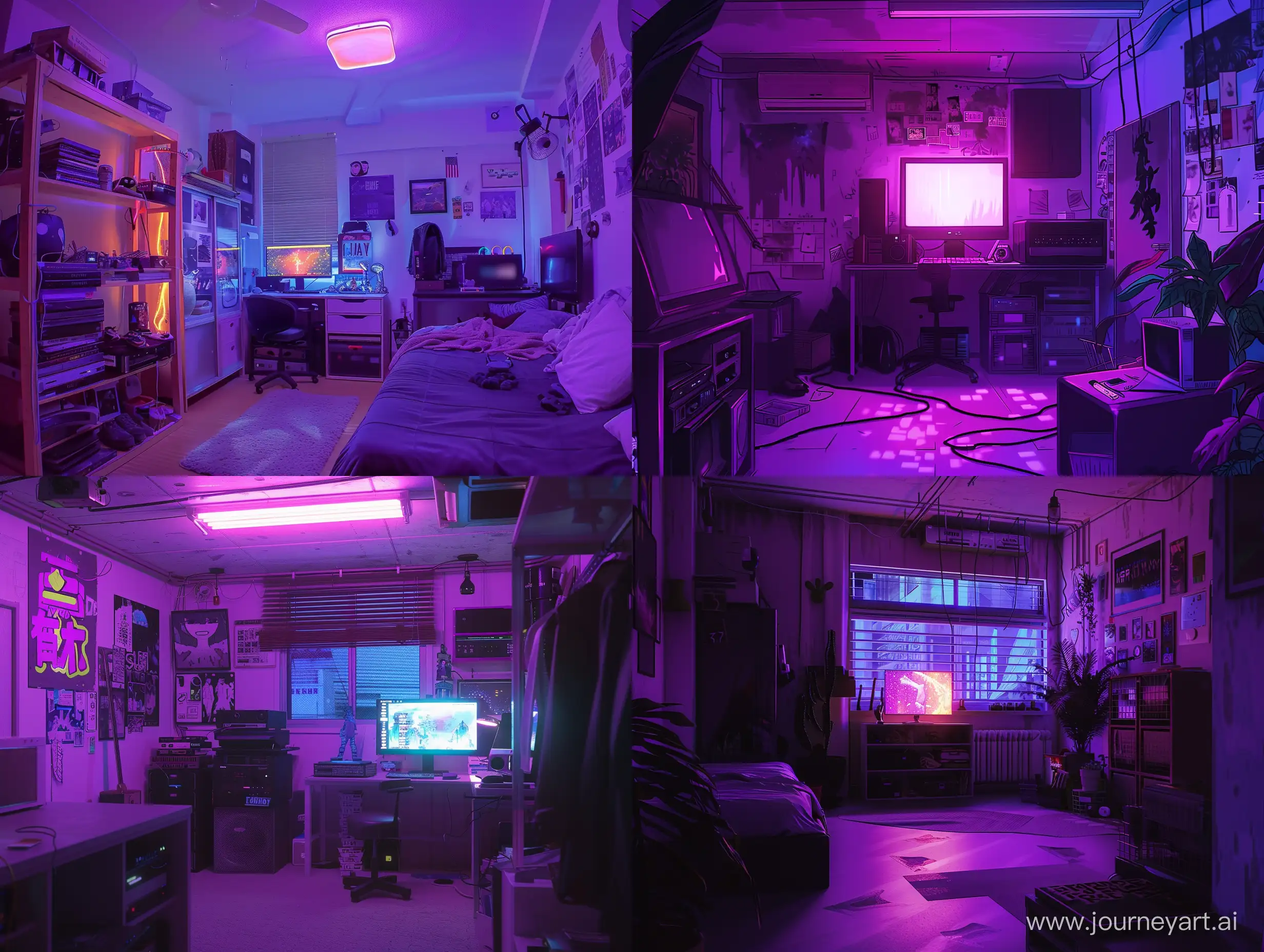 a lo-fi room illuminated by purple light, anime style