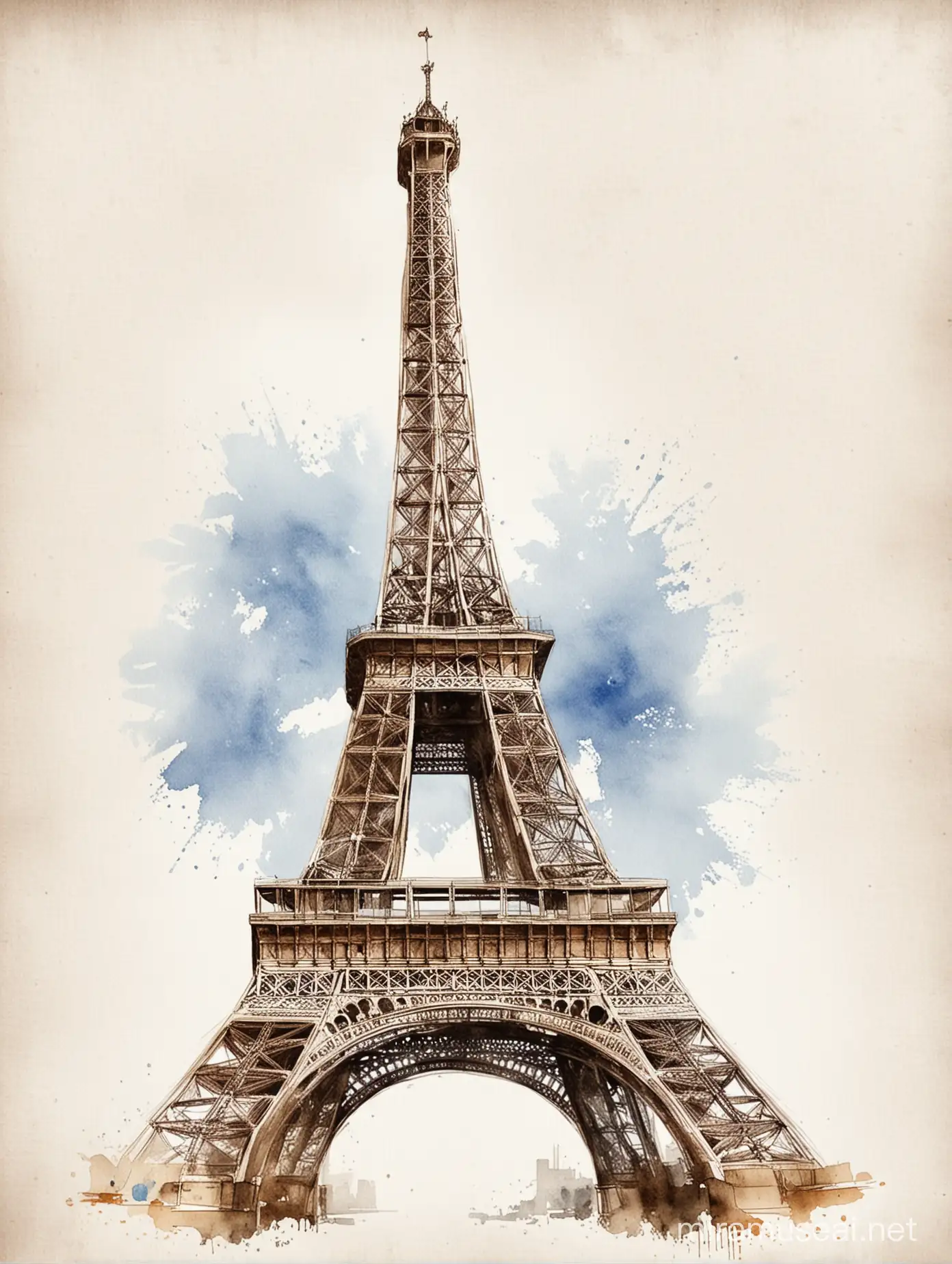 grafika malowana akwarelą, paryż wieża eiffla. styl retro. białe tło
