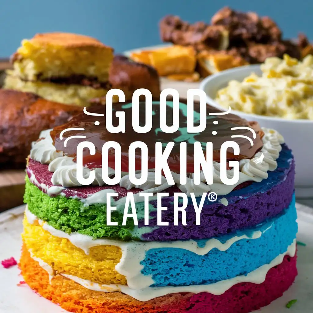 logo, layer rainbow cake , with fried chicken cornbread and Mac and cheese in the background , with the text "good cooking eatery.", typography