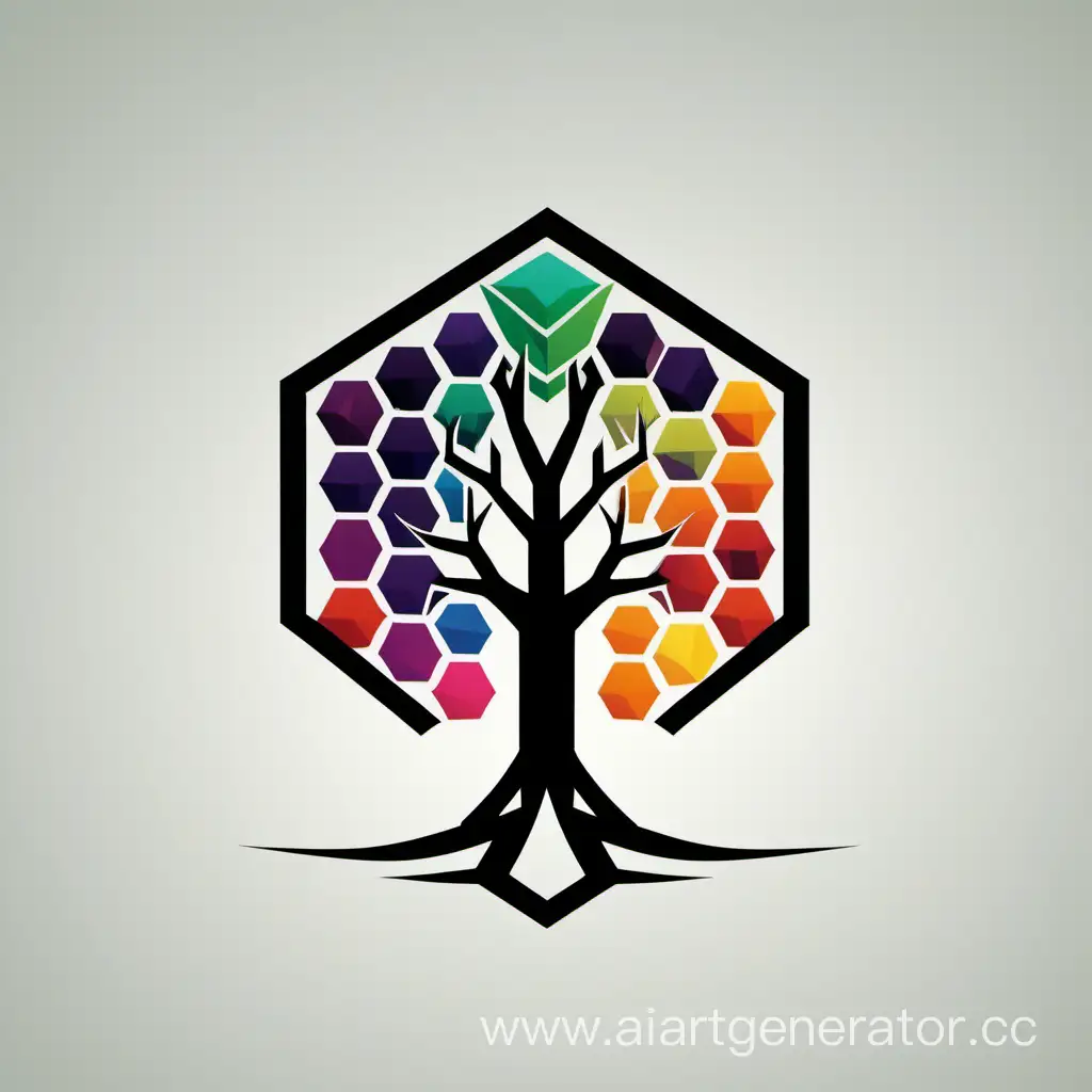логотив для студии аддитивных технологий в виде дерева с шестиугольной окантовкой листвы,острыми корнями,из нескольких цветов,минимализ