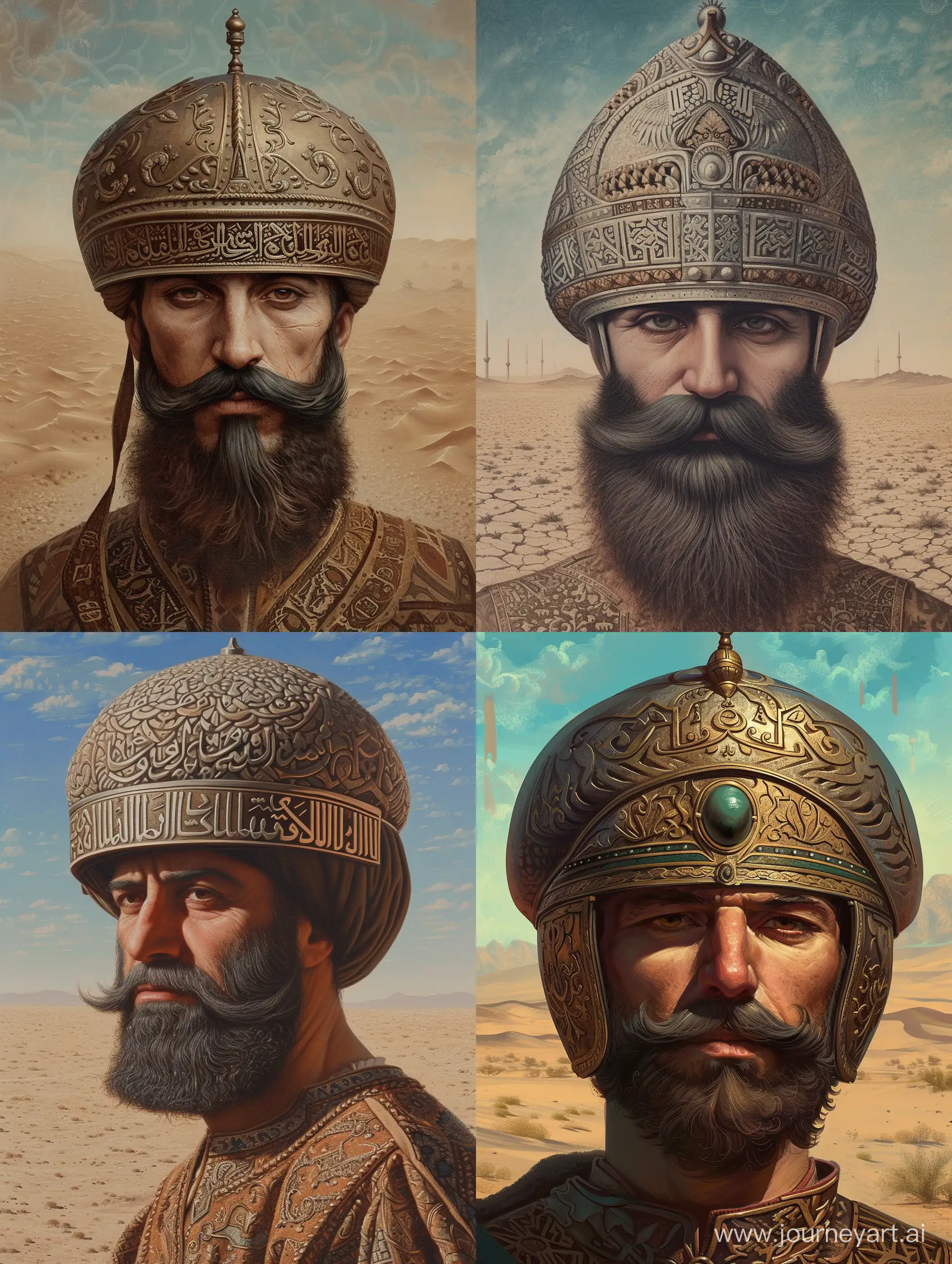 Portrait of an Iranian man, with a little thick van dyke beard, thicker mustache than his beard, wearing an ottoman helmet with intricate ottoman carvings. The background is a desert