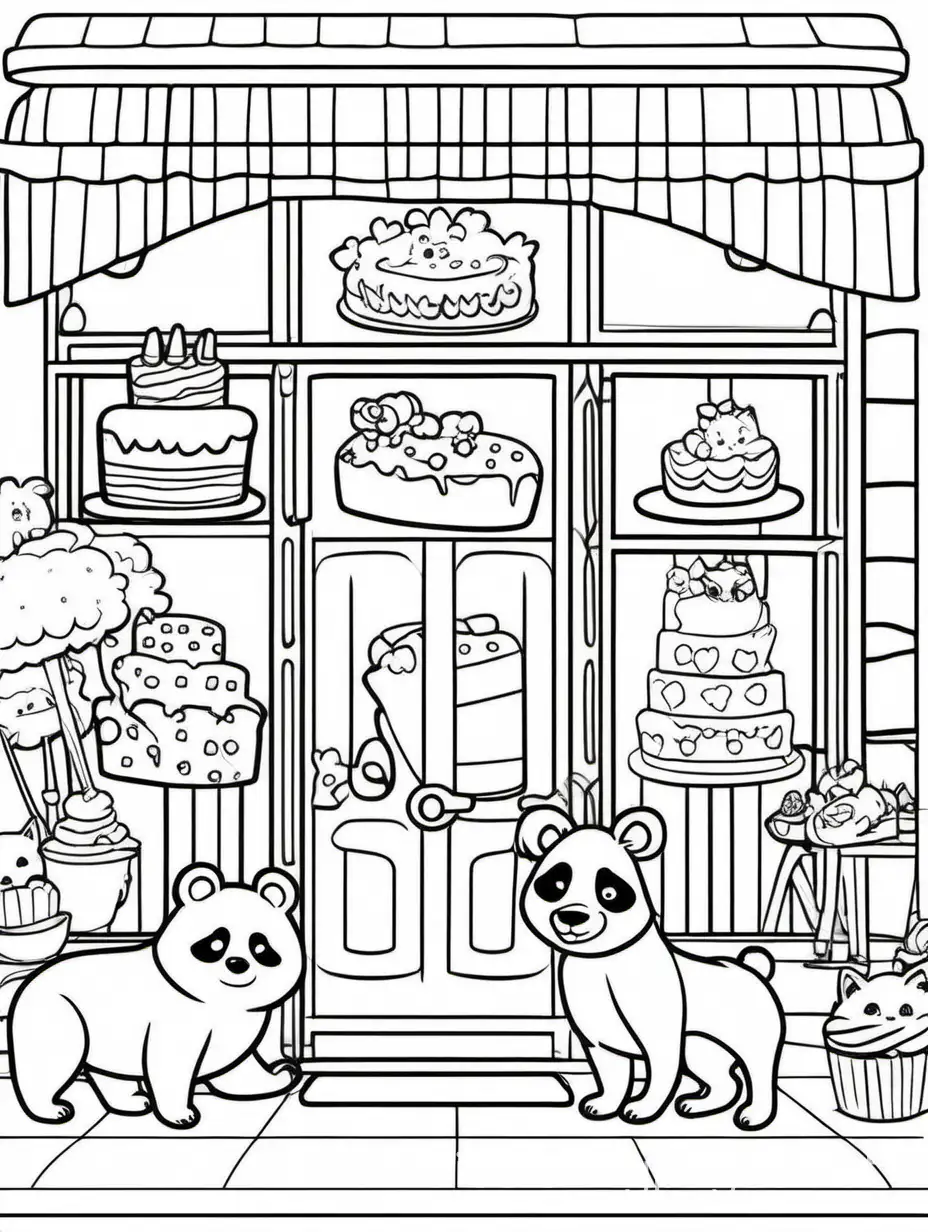 Cute, panda, bear, and a cake shop with dog and cat, Coloring Page, black and white, line art, white background, Simplicity, Ample White Space. The background of the coloring page is plain white to make it easy for young children to color within the lines. The outlines of all the subjects are easy to distinguish, making it simple for kids to color without too much difficulty