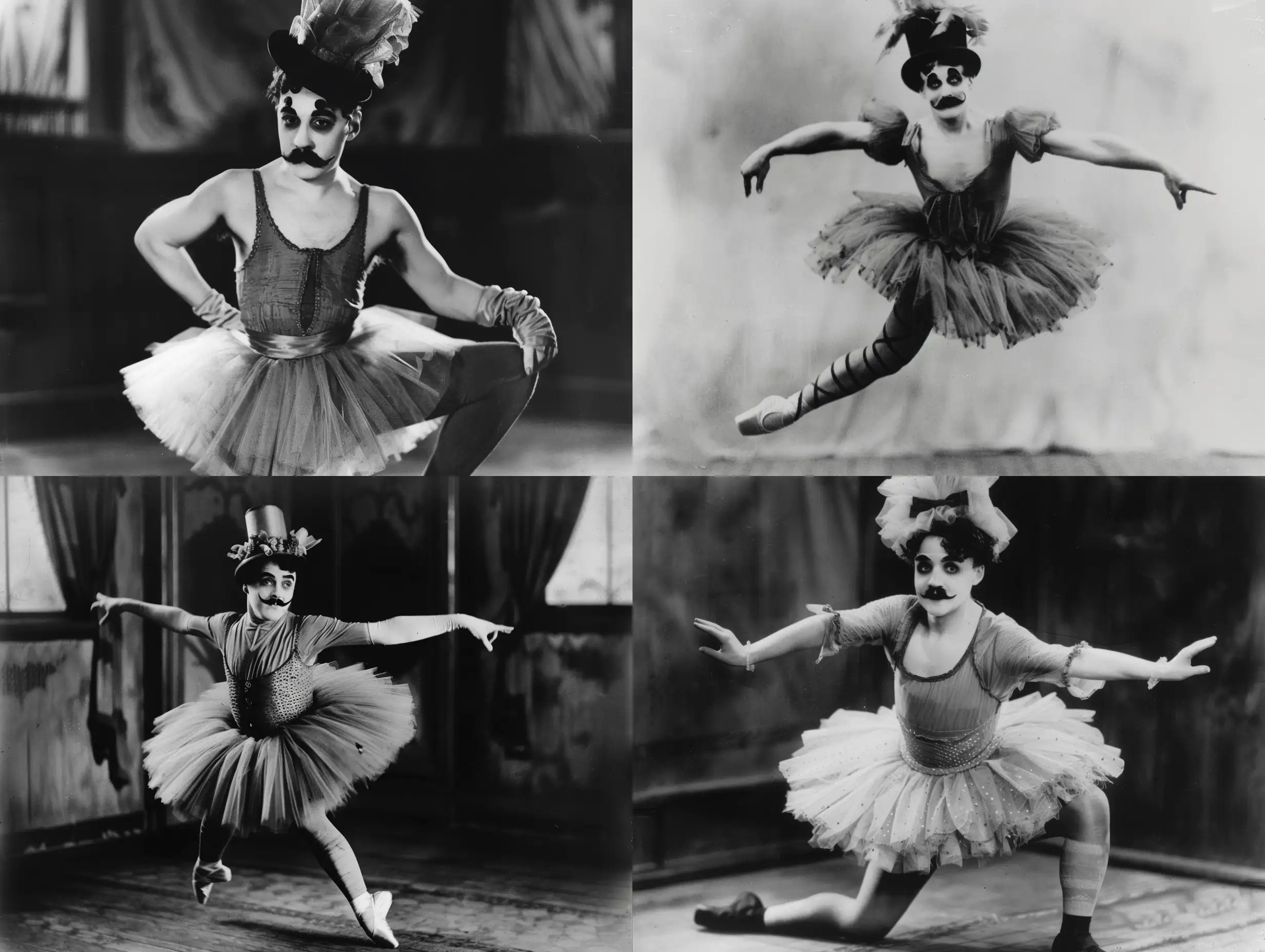 A German Charlie Chaplin dressed in a tutu and doing ballet badly, black and white, 1920s style