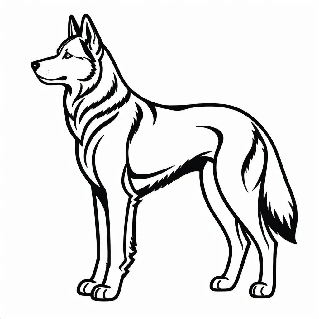 Simple Black drawn outline of a standing at attention Siberian Husky dog, white backgroud, side profile