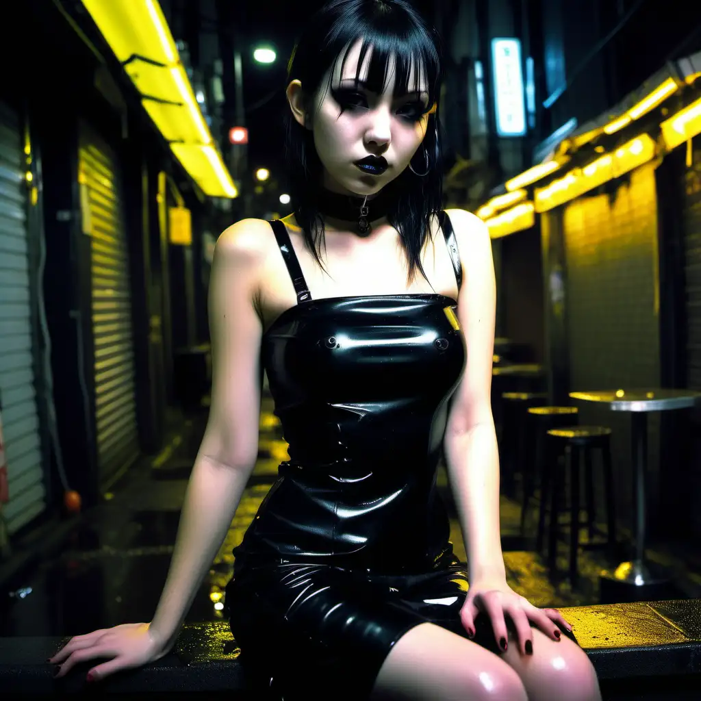 Goth girl. Streets. Tokyo. Wet. Alleyway. Small boobs. Black latex dress. Sitting. Bar. Yellow neon lights. Close up.