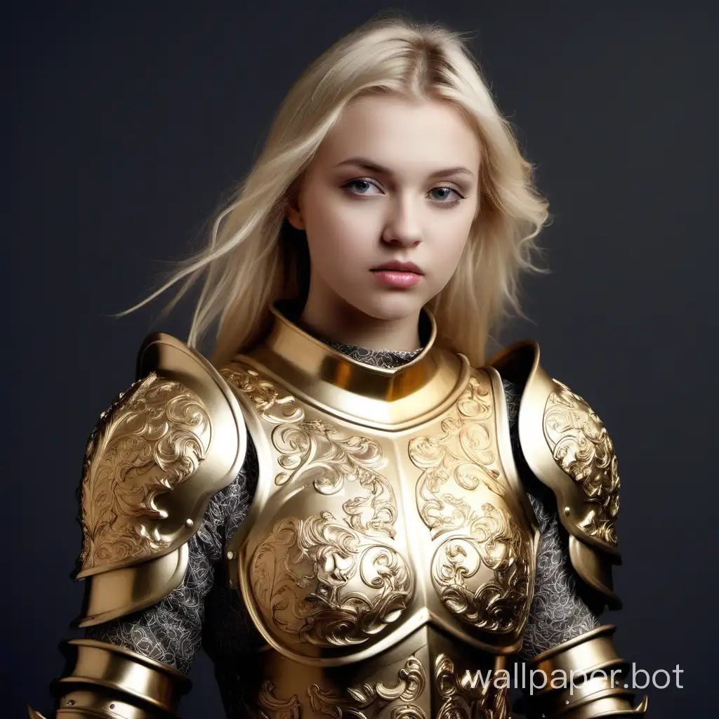 girl, blonde, 25 years old, girl knight, girl in armor, golden armor with a pattern