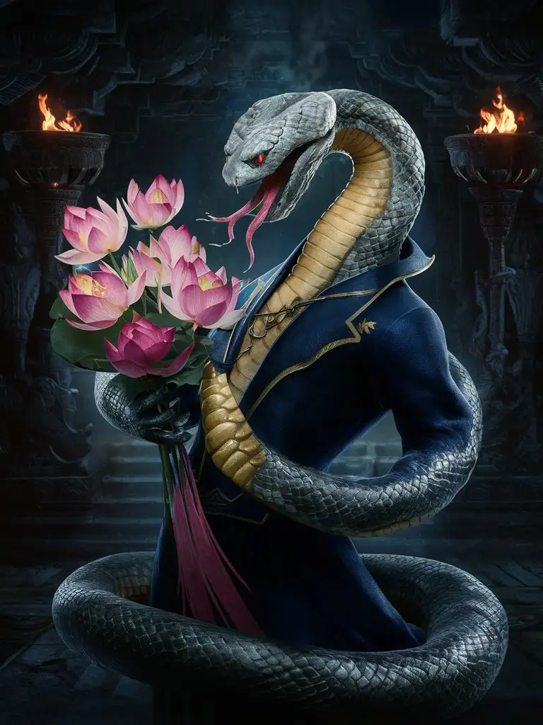 a snake man magician with a bouquet of lotuses in his hand, cinematic