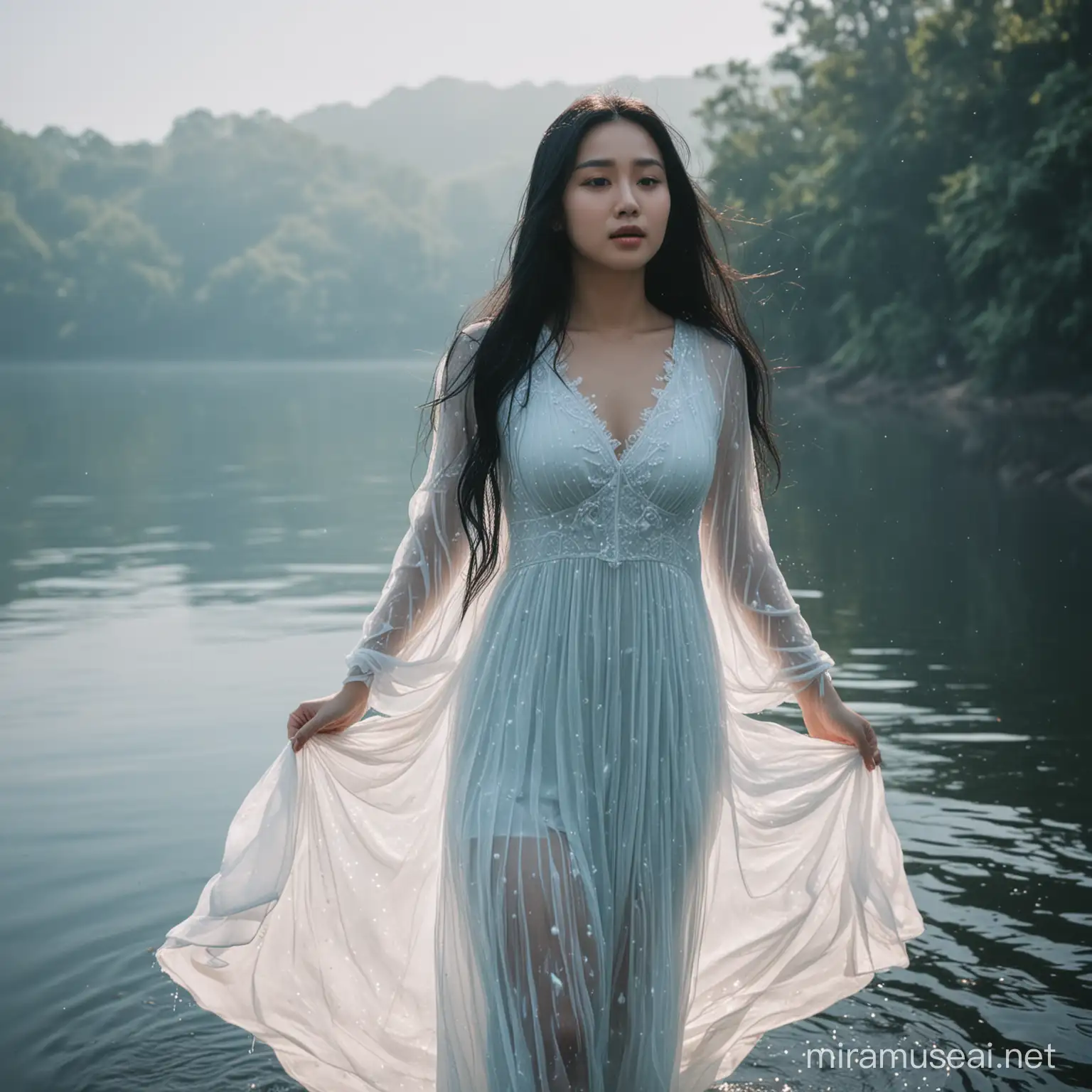 a spell that lifts a blob of water from the lake, a 22 years old girl, Singaporean Facial Features, Long Black Hair, Mesmerized expression, bluish-white gradient dress, mystical, side angle