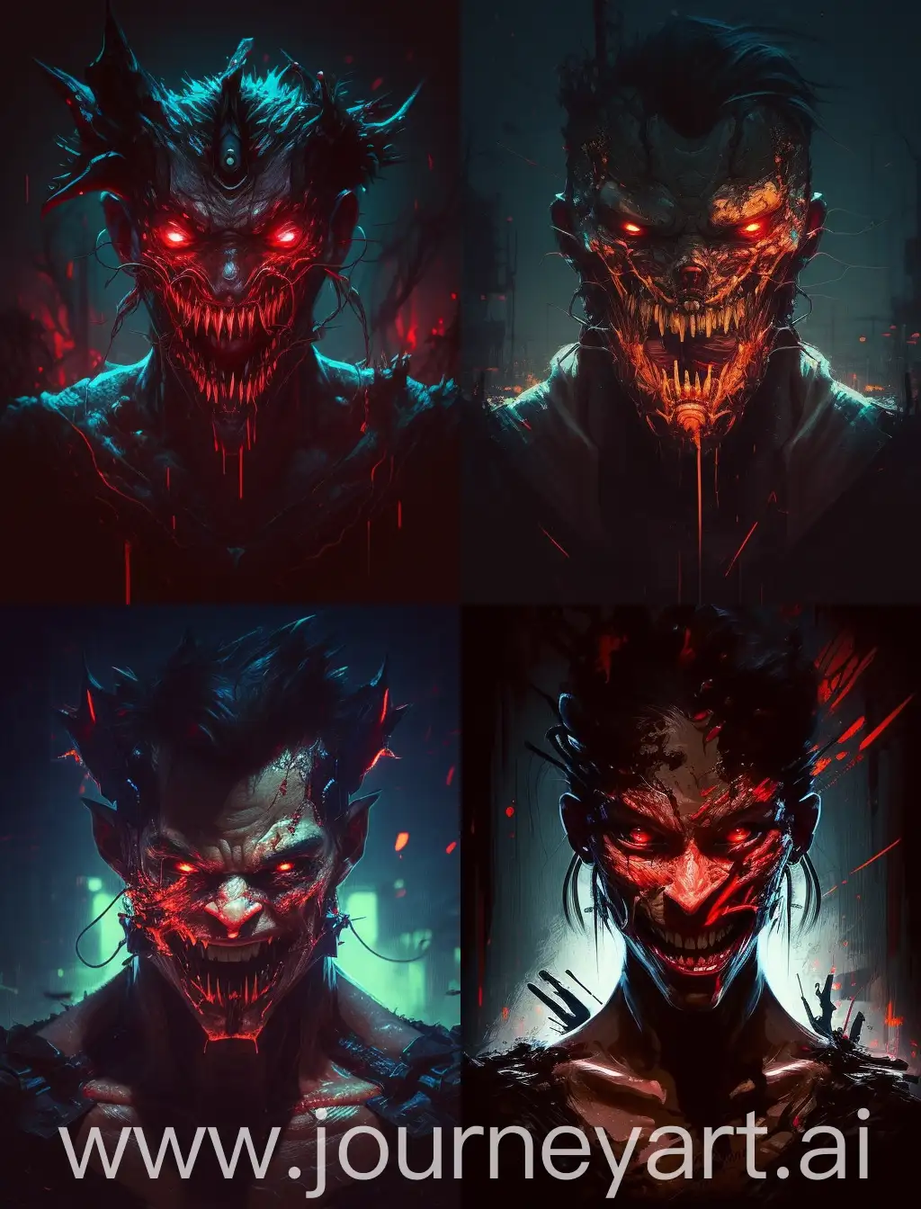 a creppy humans with red glow sharp teeth and no eyes,emitting a piercing scream.Set the scene in a horrifying swamp,bloodstained,grotesque,glossy,deformed,disfigured,irregular shapes body,cyberpunk,eerie. --ar 3:4 --stylize -- 750