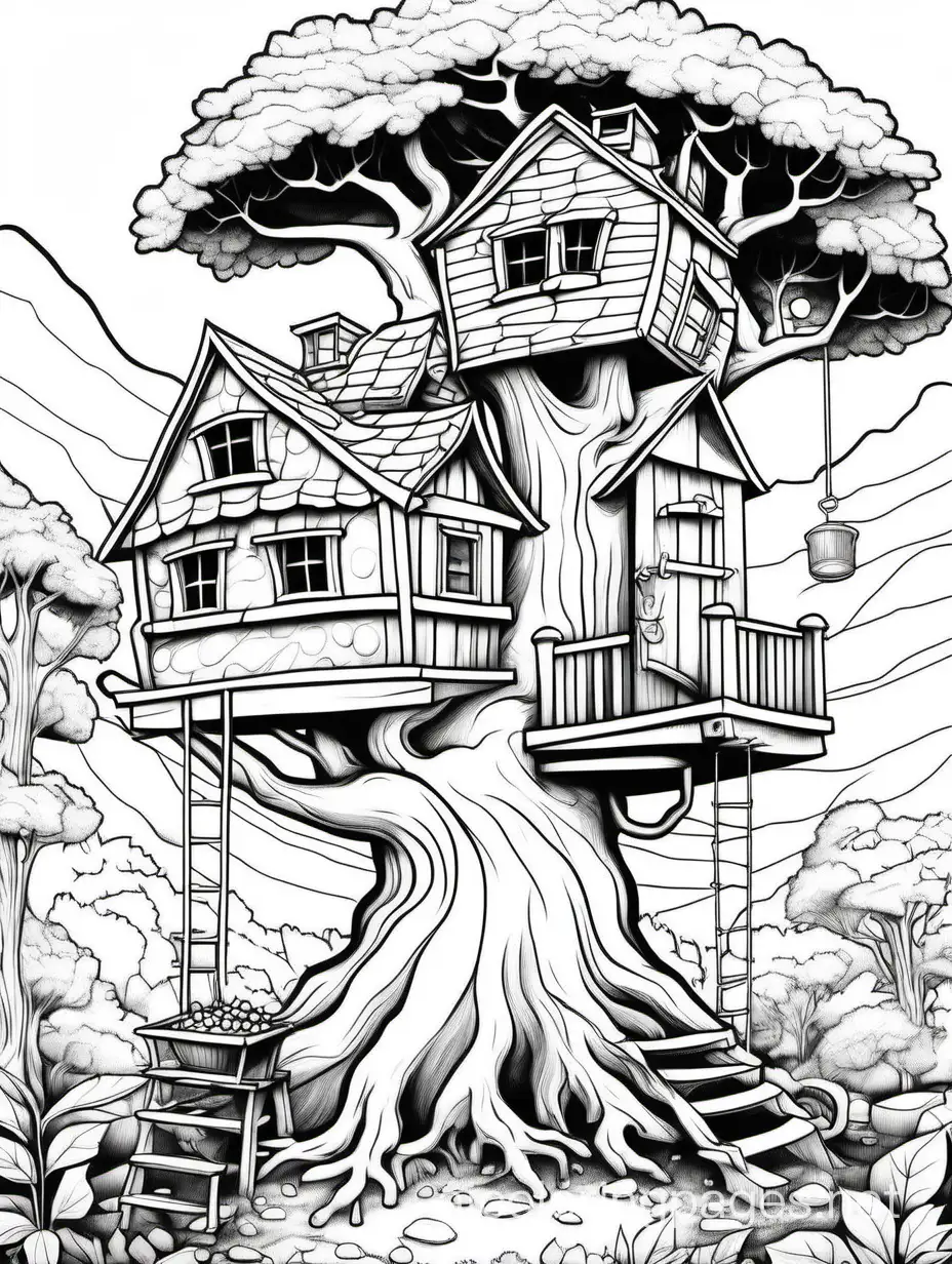 Illustrate a treehouse that serves as a workshop for crafting magical objects and potions. Populate the scene with bubbling cauldrons, hanging herbs, and whimsical tools., Coloring Page, black and white, line art, white background, Simplicity, Ample White Space. The background of the coloring page is plain white to make it easy for young children to color within the lines. The outlines of all the subjects are easy to distinguish, making it simple for kids to color without too much difficulty