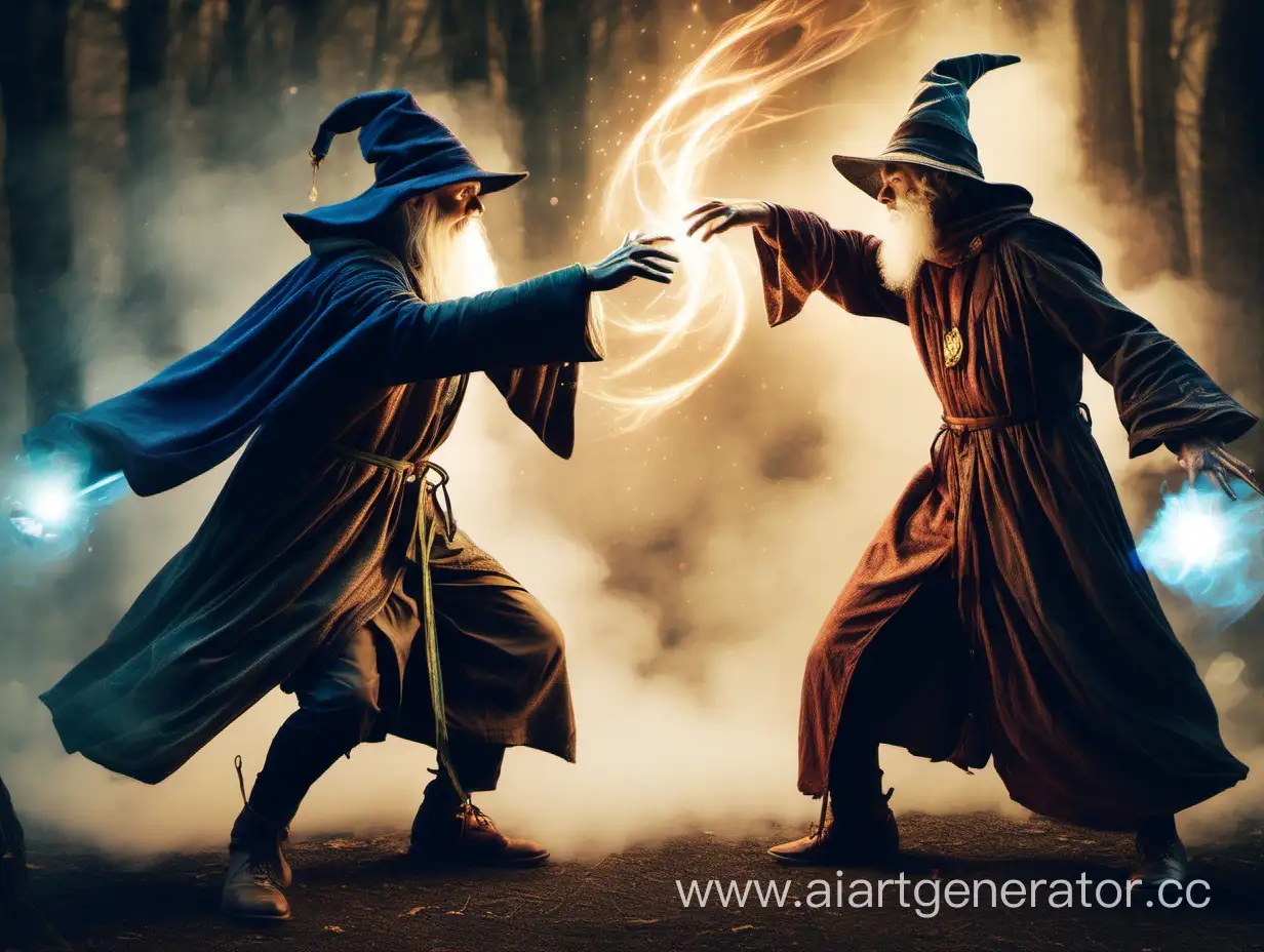 два мага сражаются в магической дуэли, магия выходит из рук