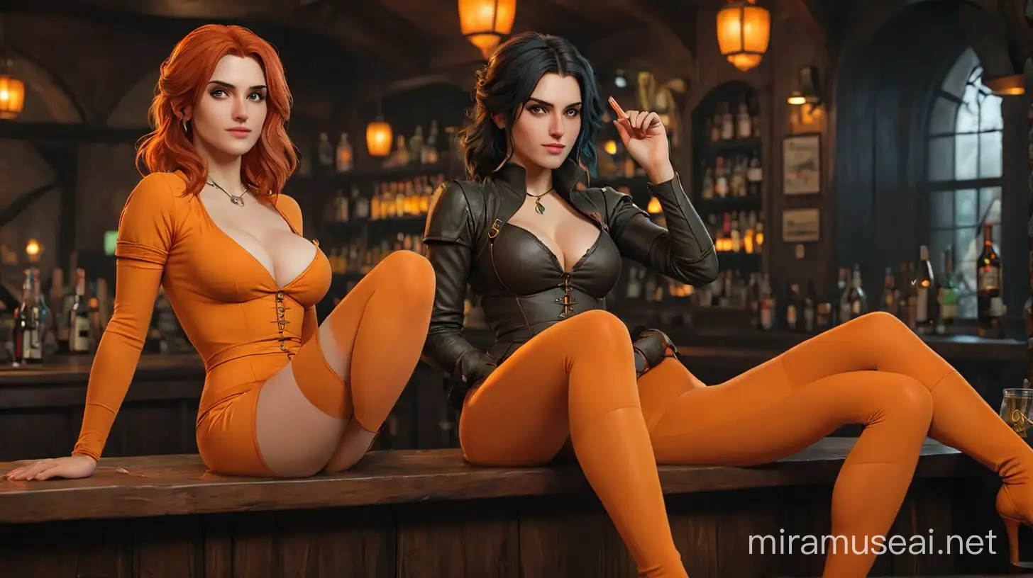 Sultry Yennefer and Triss Merigold in Orange Bodystockings at WitcherInspired Bar