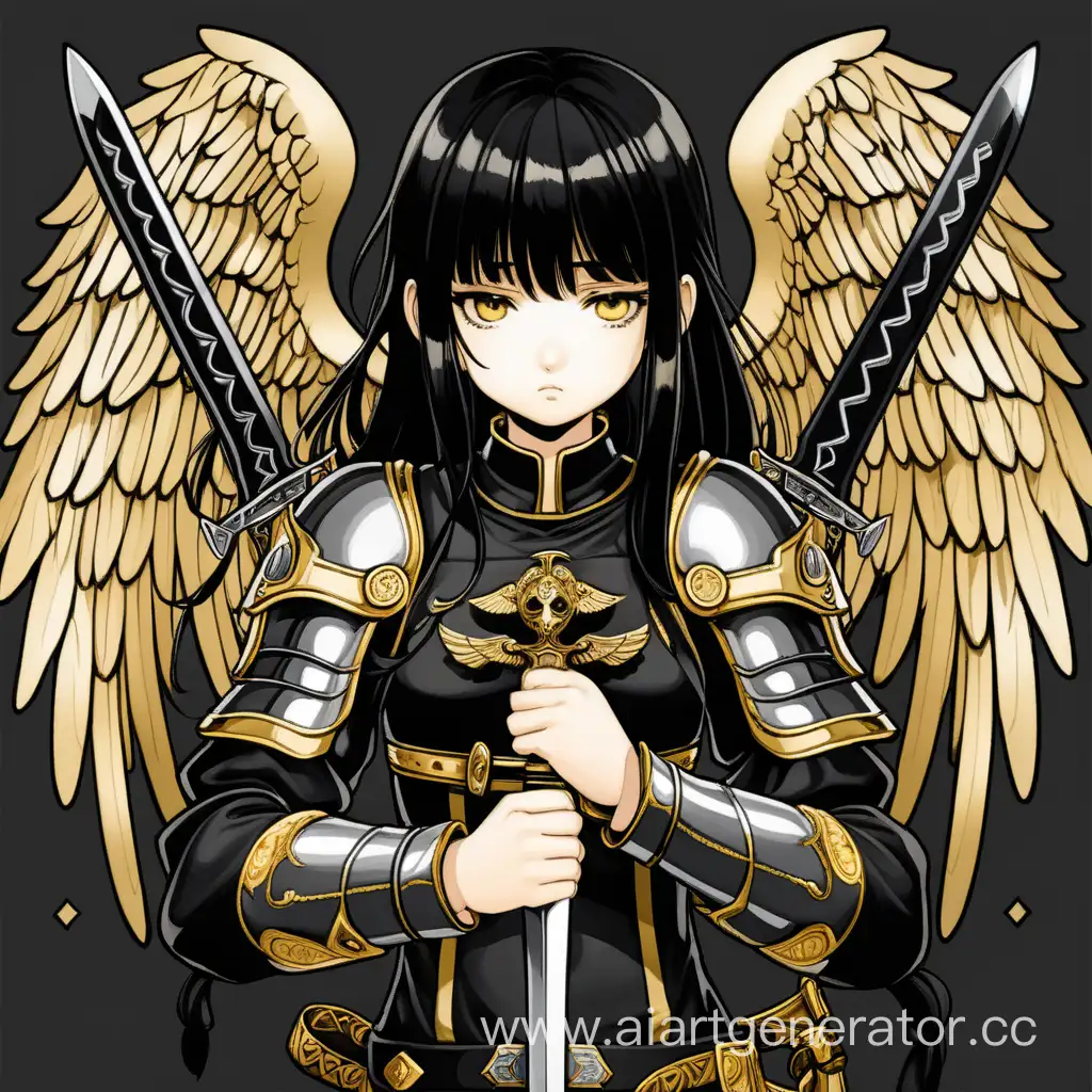 Архангел, девушка с ангельскими крыльями, черно золотой одежде, с черными волосами, с грустным потерянным лицом, с двумя мечами. Аниме стиль