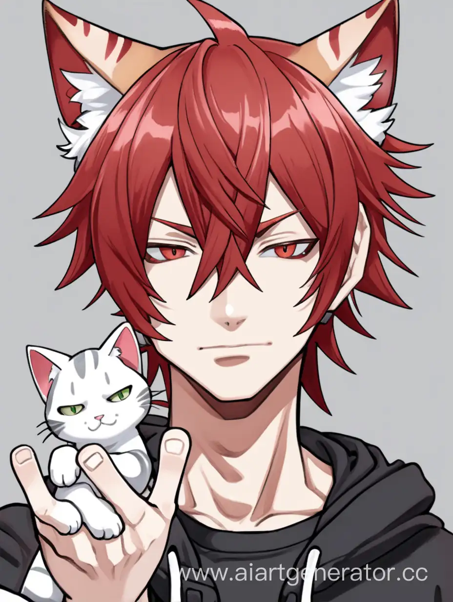 anime cat guy, half human, half cat, a guy with red hair and white ears, he makes the gesture from the anime "nya".