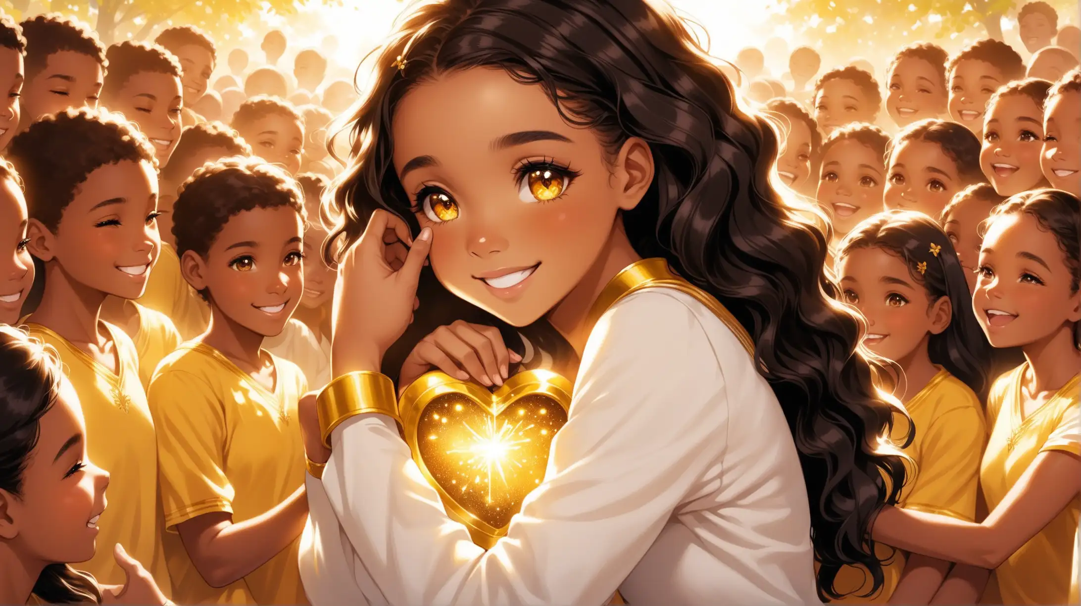  wide shot Lily a cheerful light skin ebony teen with a spark of kindness in her eyes, with people embracing each other knowing that the greatest treasure of all was found in the hearts of those who embraced the Golden Rule