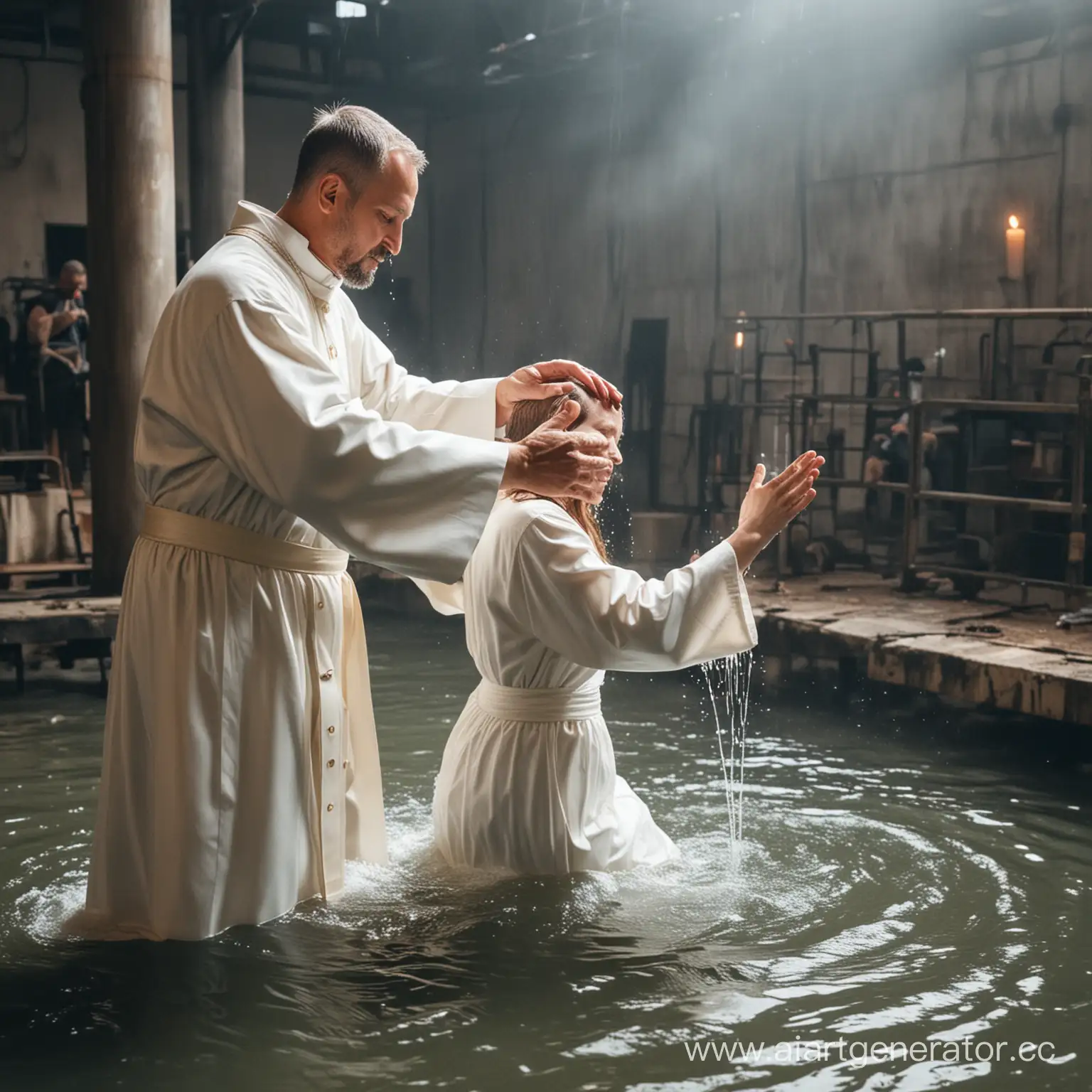 Батюшка крестит на заводе людей