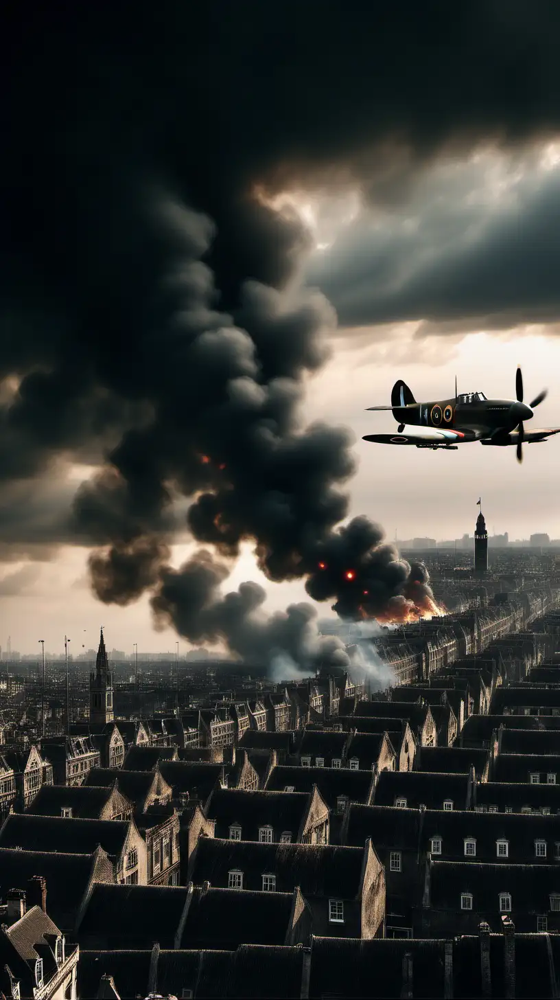 Cityscape with Distant Cloud Dark Atmosphere Fire and Hawker Hurricane Plane in the Air
