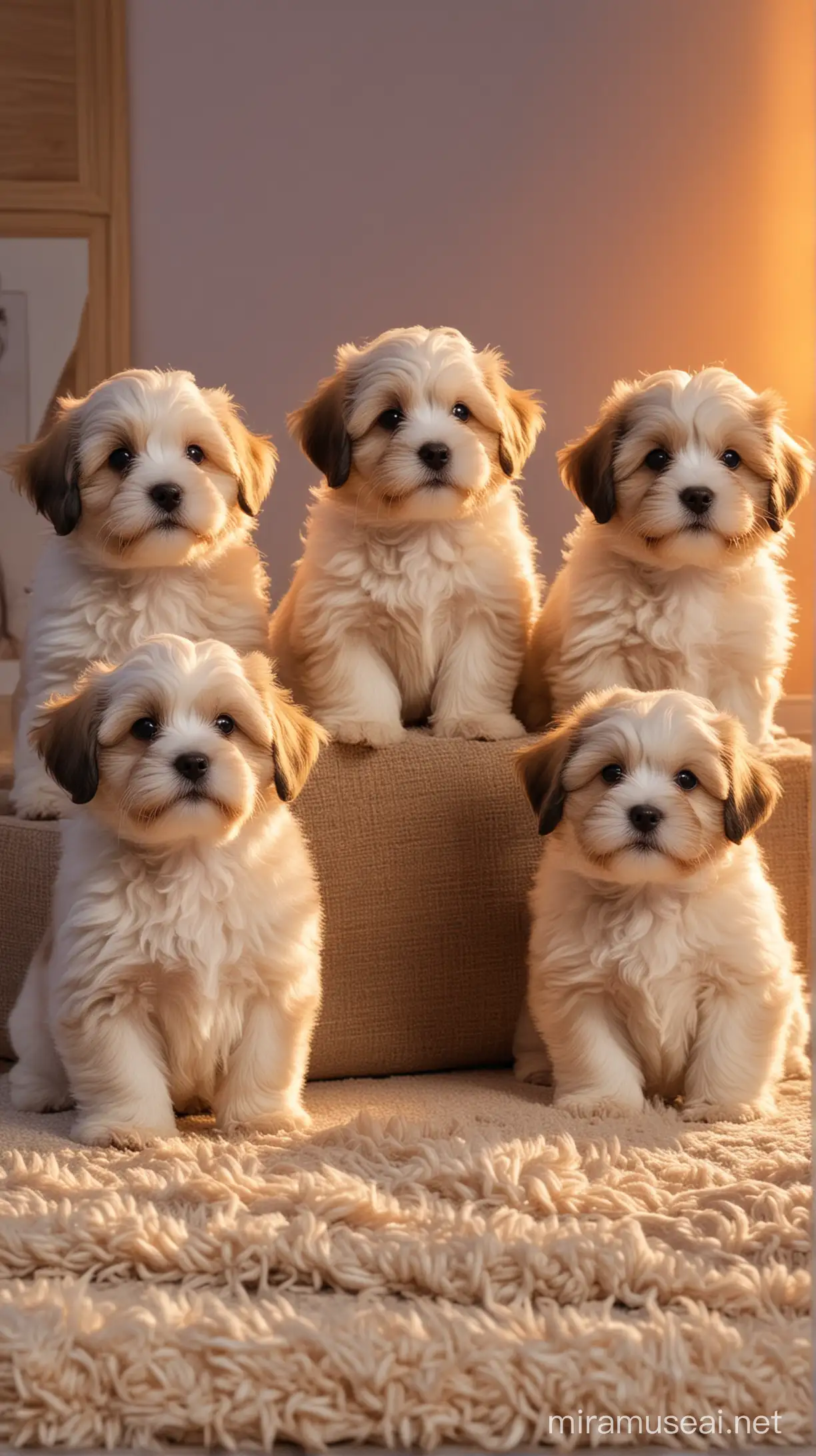 5 cute havanese puppies sitting in a cozy apartment with magical sunset light in the background