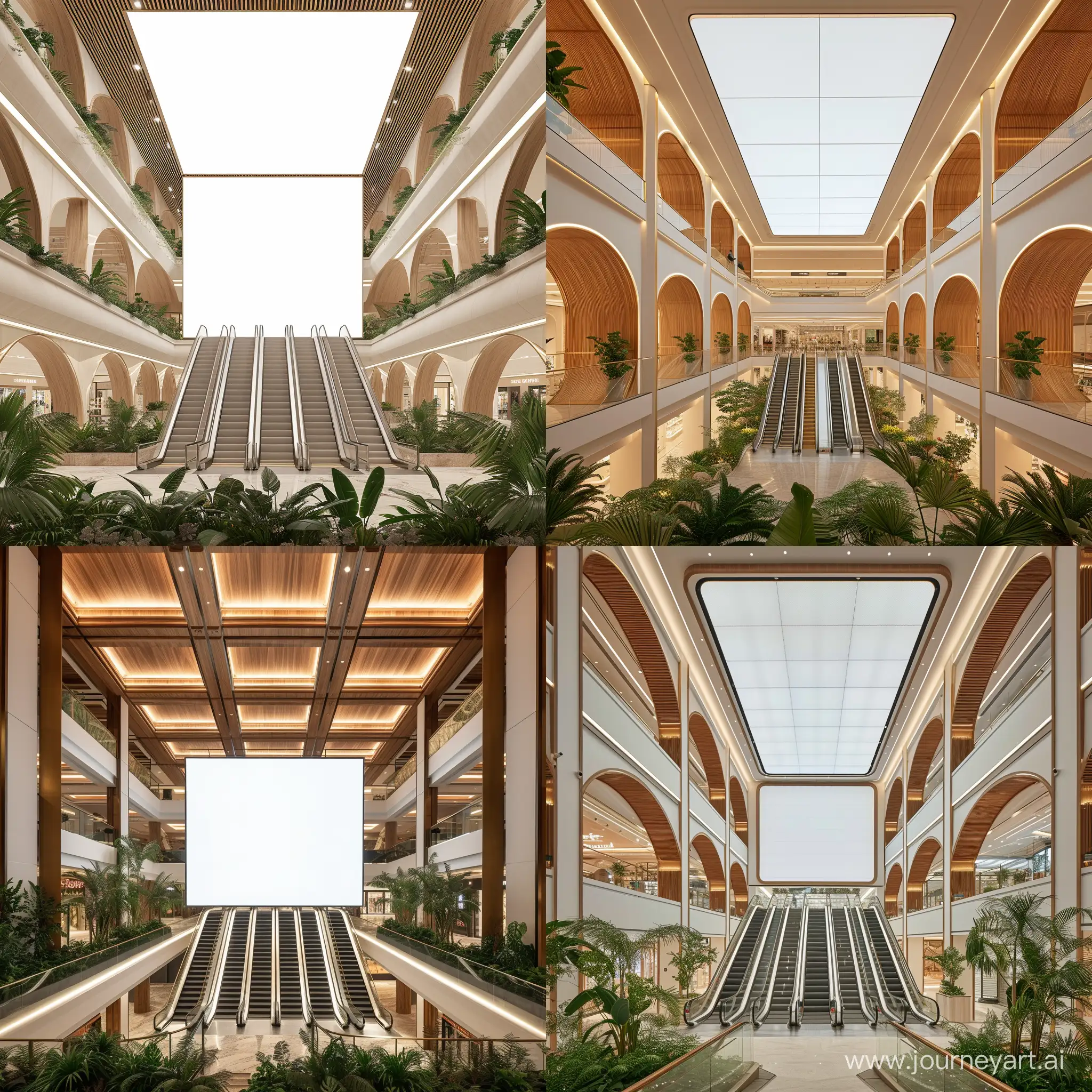 Un atrium rectangle de grand magasin de 3 étages 
un plafond comme une toile écran de lumière rétro éclairé blanche , 6 voutes rode très pure  en bois tropicale autour des 6 Escalators  ,
des plantes tropicales  au sol 