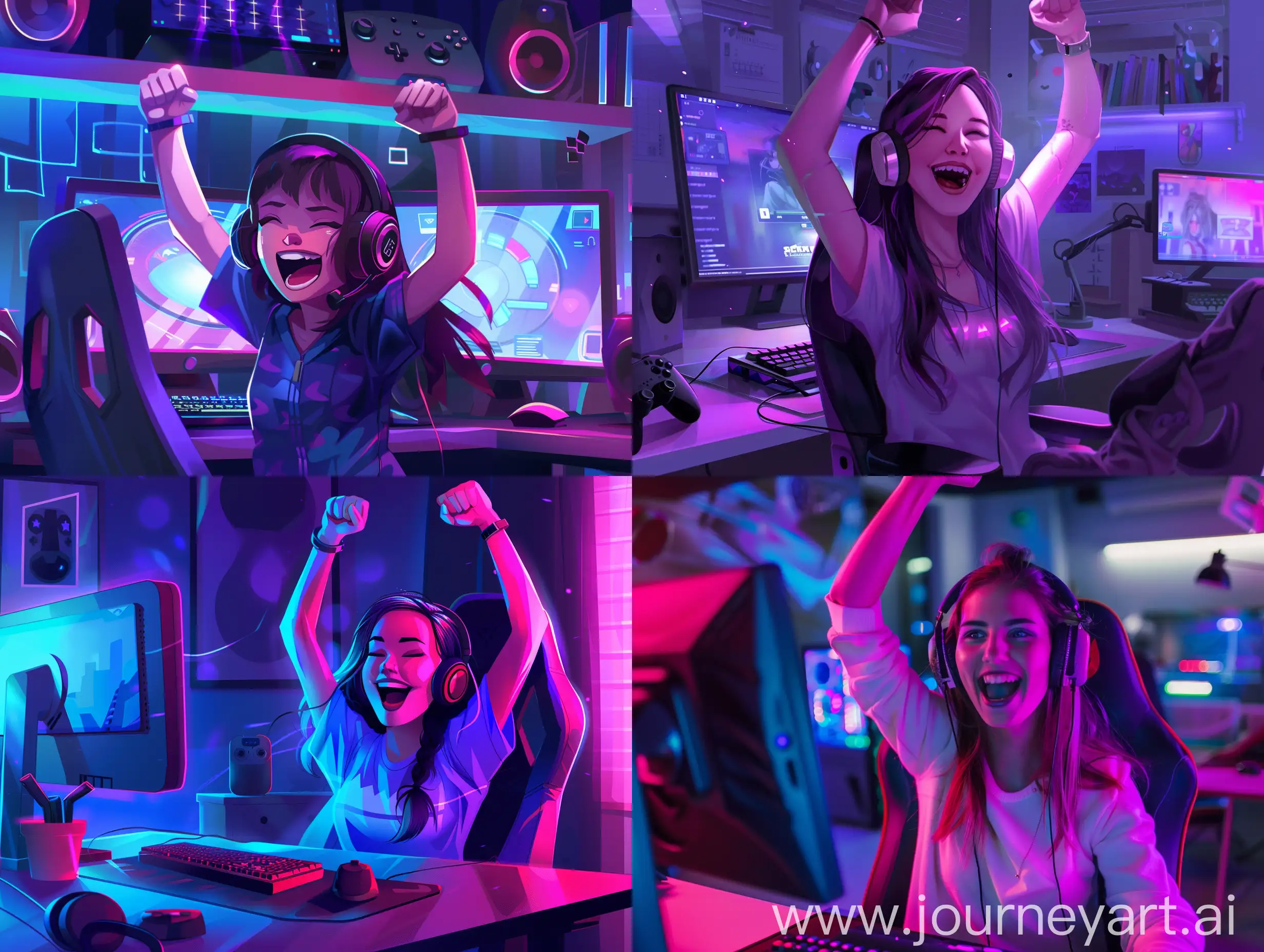 a gamer girl that won the game and she is happy, gaming room, dark room