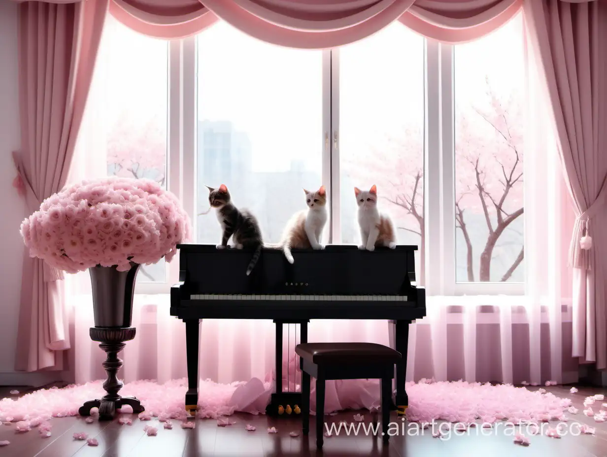 котята на большом пианино в большой комнате. пастельно- розовые шторы. большое окно. цвет какао. букет цветов на пианино. лепестки сакуры.