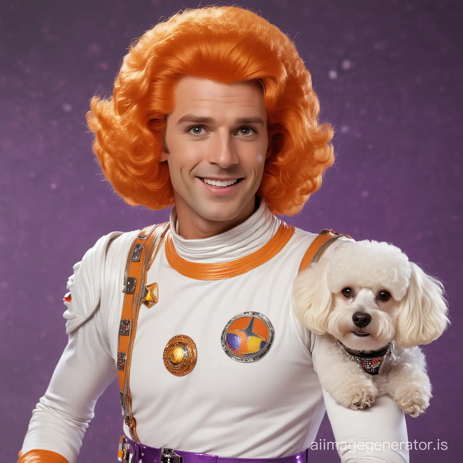 Buck Rogers with white poodle face, in space disco clothes with dynamic hero position. serious and laughing. purple and orange