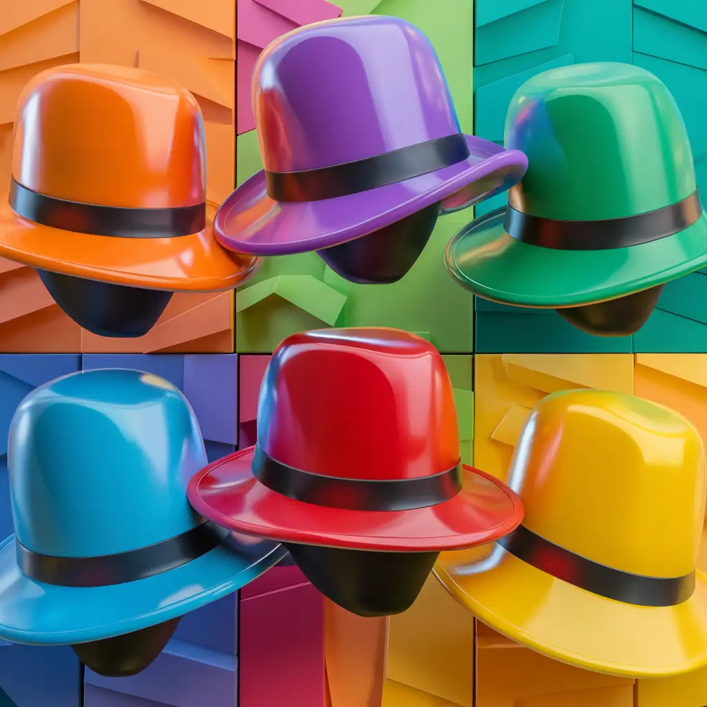 Caroon 2.5D Hats in Orange , purple , green , blue , red, Ratio: 1:1