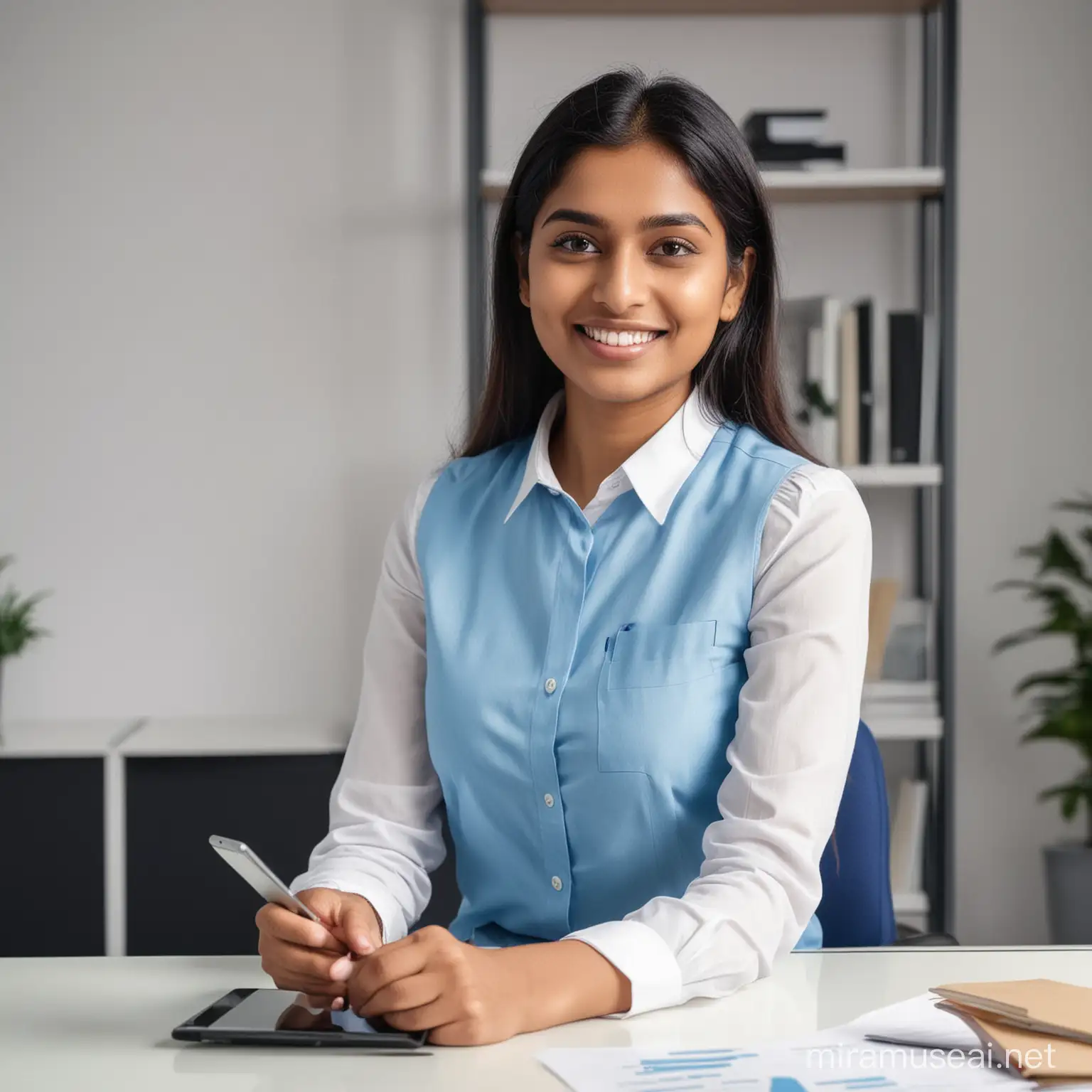 Happy young indian woman wear  blue  froak uses her tab. working at office
