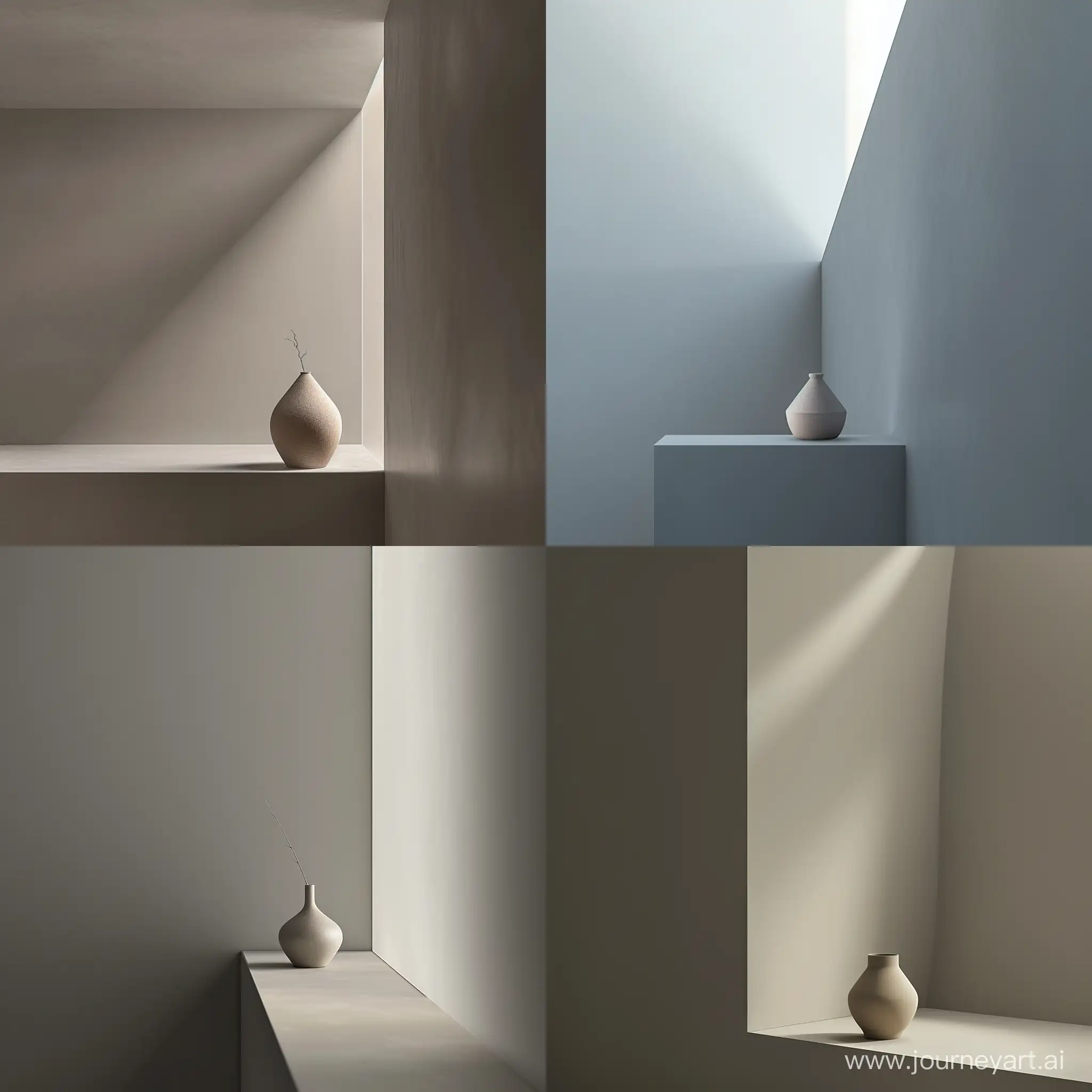 Imagine a minimalist interior scene featuring a room with smooth gray walls that converge at the top corner. A delicate, small vase sits gracefully on a narrow ledge, with bottom to top view, Without showing the light source.