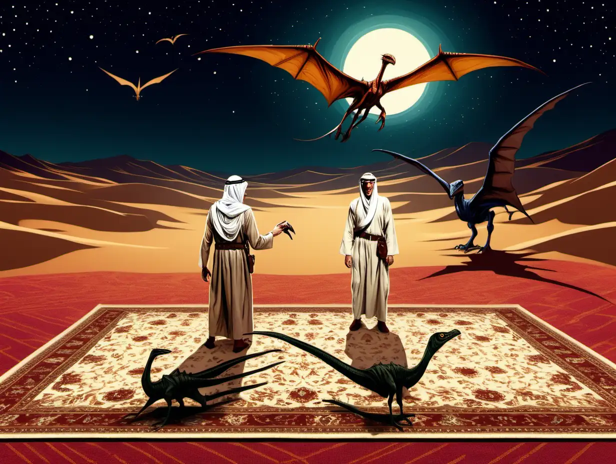 Lawrence of Arabia and a pterodacty on a carpet flying over the desert at night