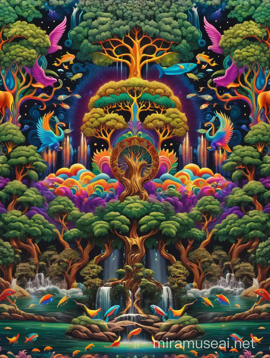 Psychedelic dmt visionary world with higher detailed with 3d tress moneky elephant lions clouds moutions flying fish with water fall with bright vivid colors