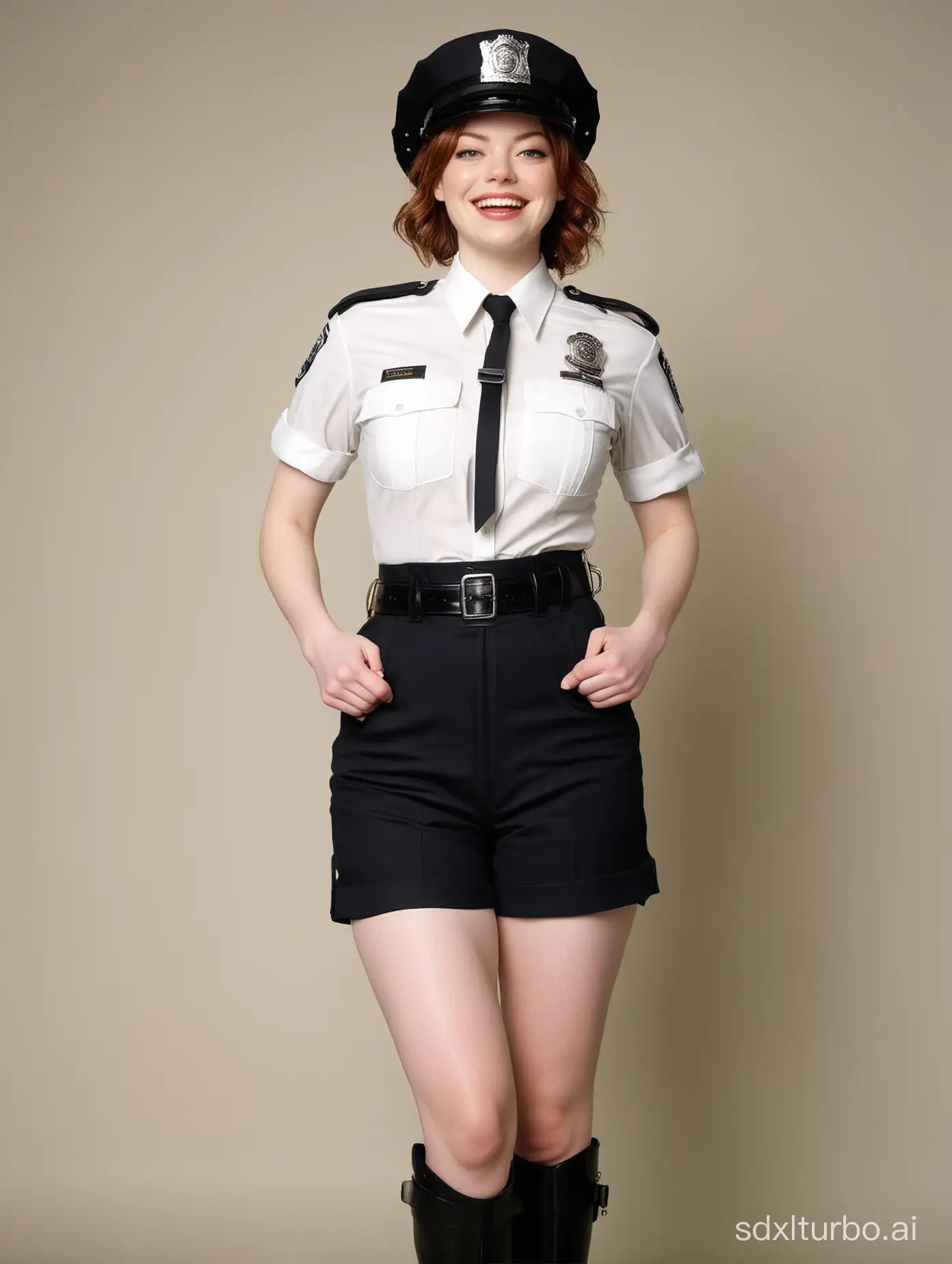 1 woman,like  Emma stone:0.2, huge breast，full body, sexy, laughing, police officer uniform,Photograph by Loretta Lux